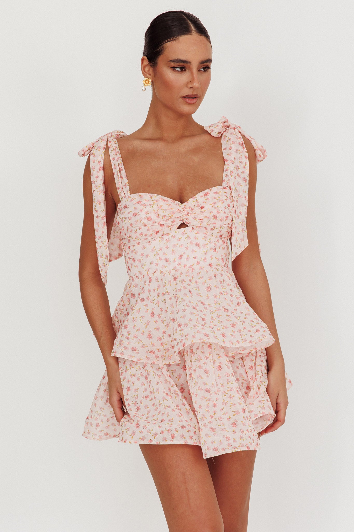 Oliana Tied Shoulder Tiered Mini Dress Peach-Maymioy