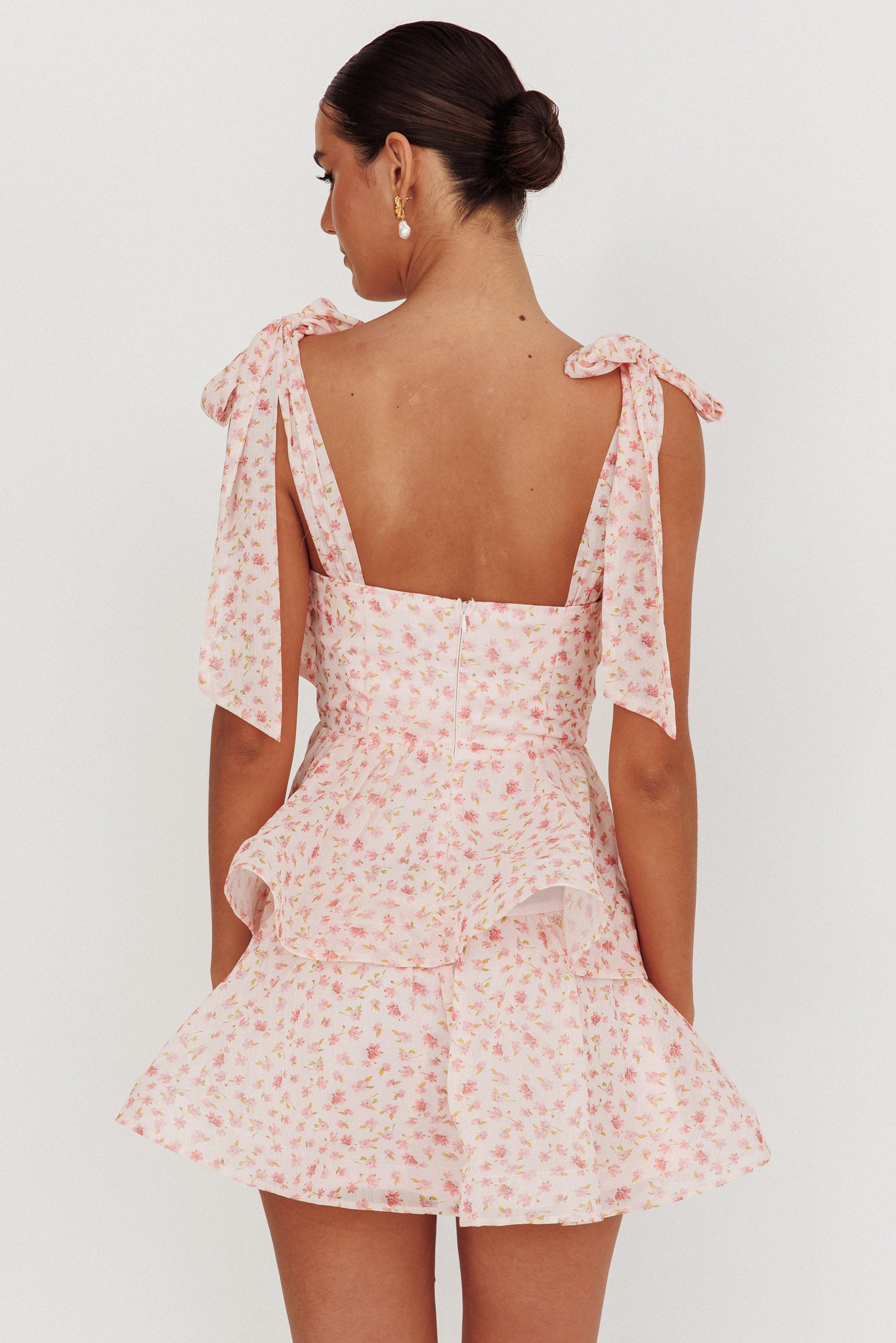 Oliana Tied Shoulder Tiered Mini Dress Peach-Maymioy