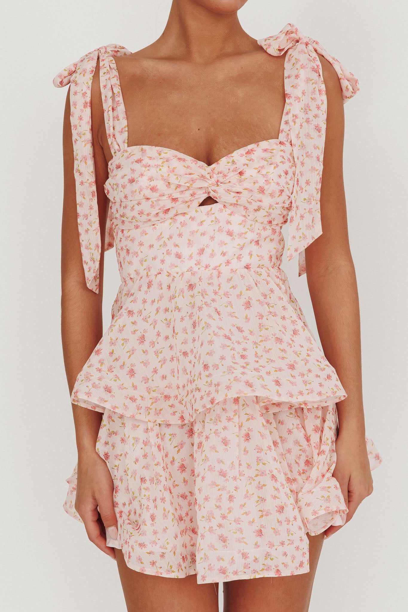 Oliana Tied Shoulder Tiered Mini Dress Peach-Maymioy
