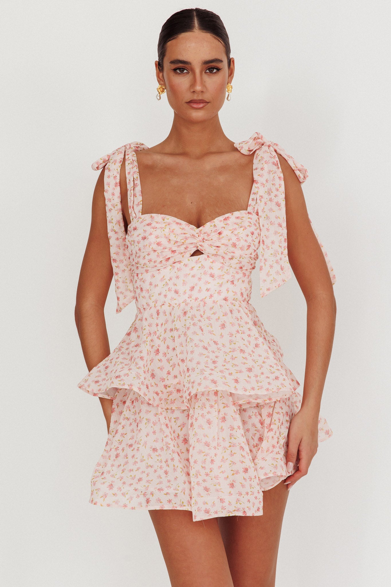 Oliana Tied Shoulder Tiered Mini Dress Peach-Maymioy