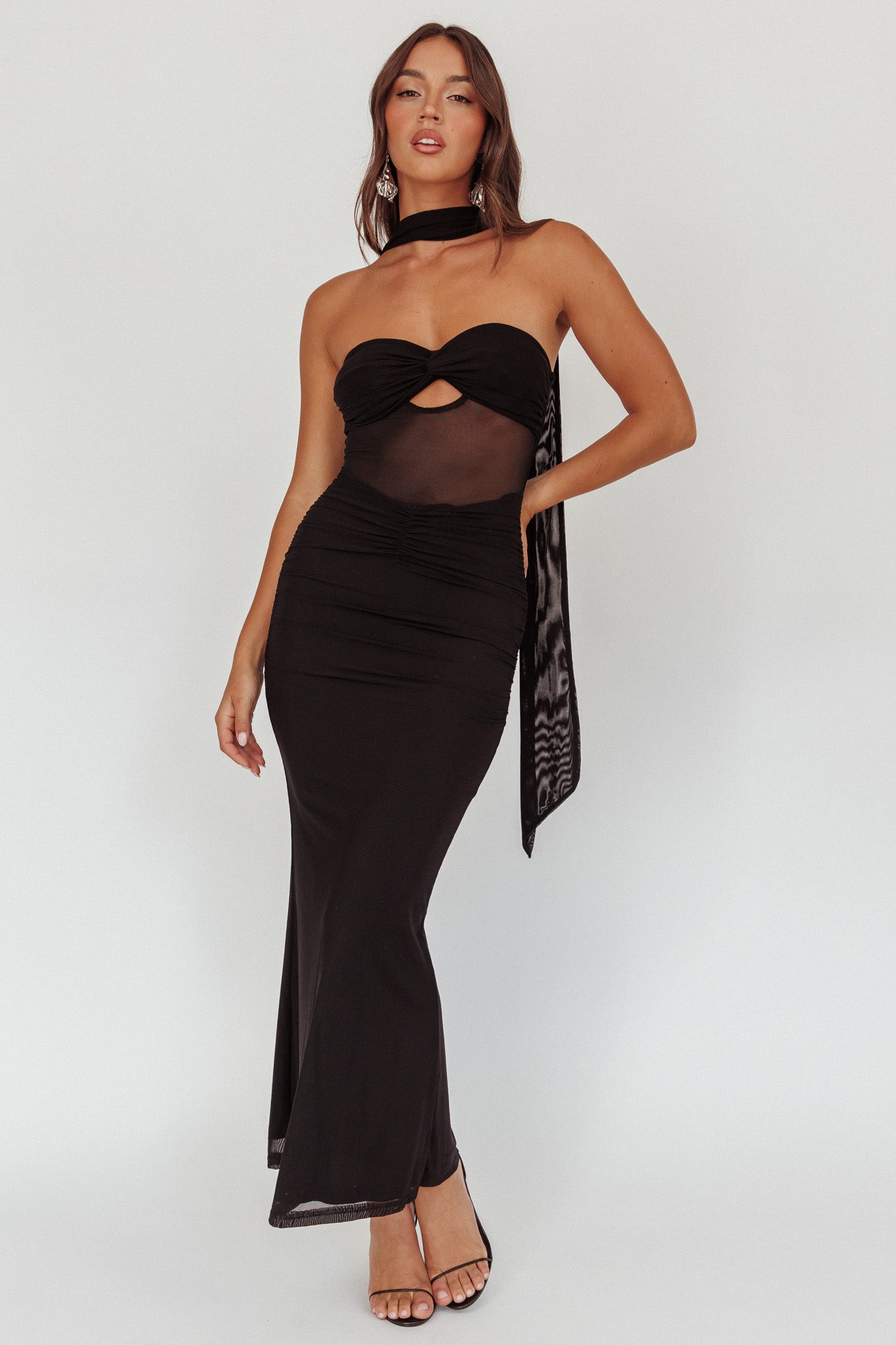 Oliana Strapless Mesh Maxi Dress Black-Maymioy