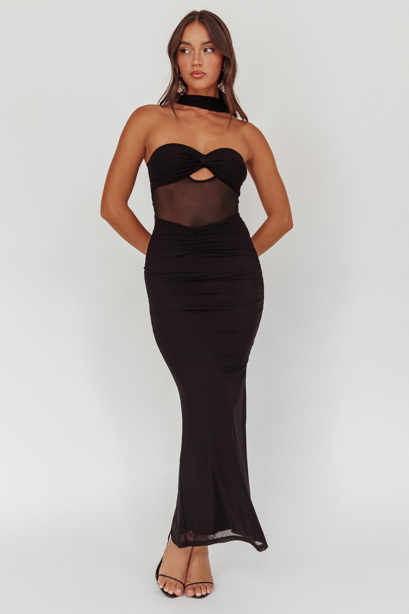 Oliana Strapless Mesh Maxi Dress Black-Maymioy