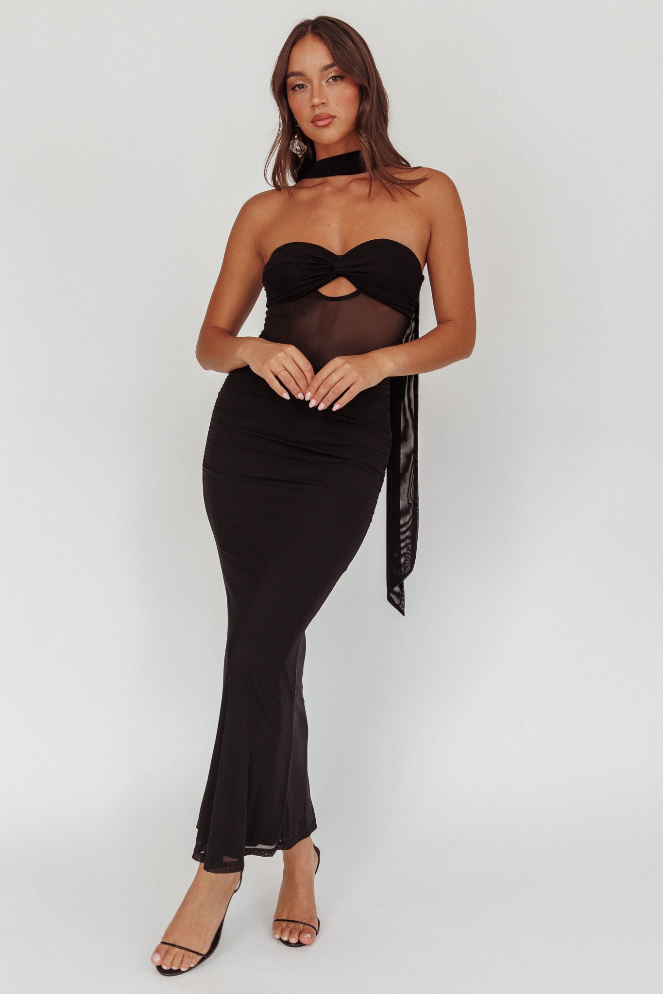 Oliana Strapless Mesh Maxi Dress Black-Maymioy