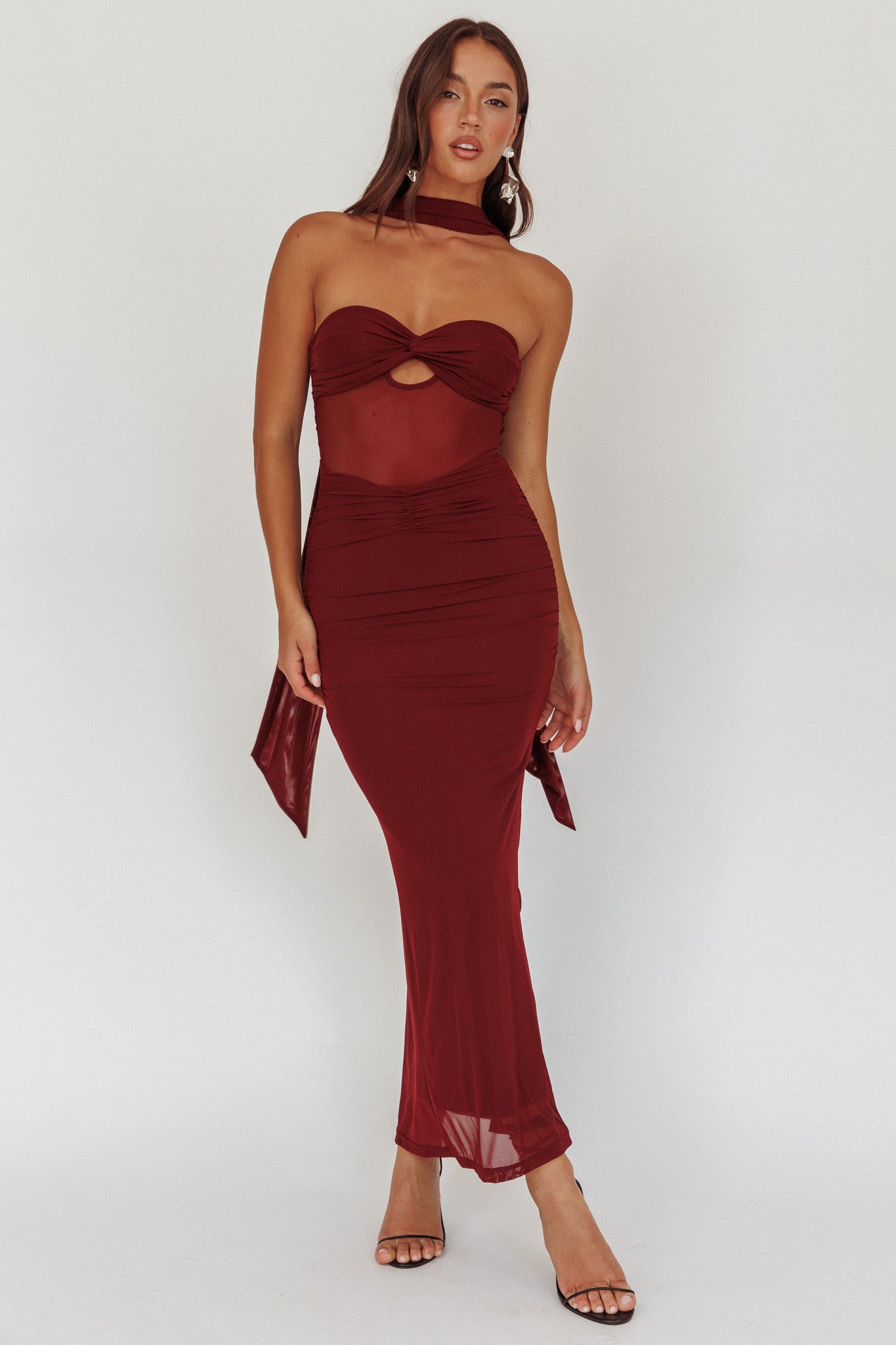 Oliana Strapless Mesh Maxi Dress Wine-Maymioy