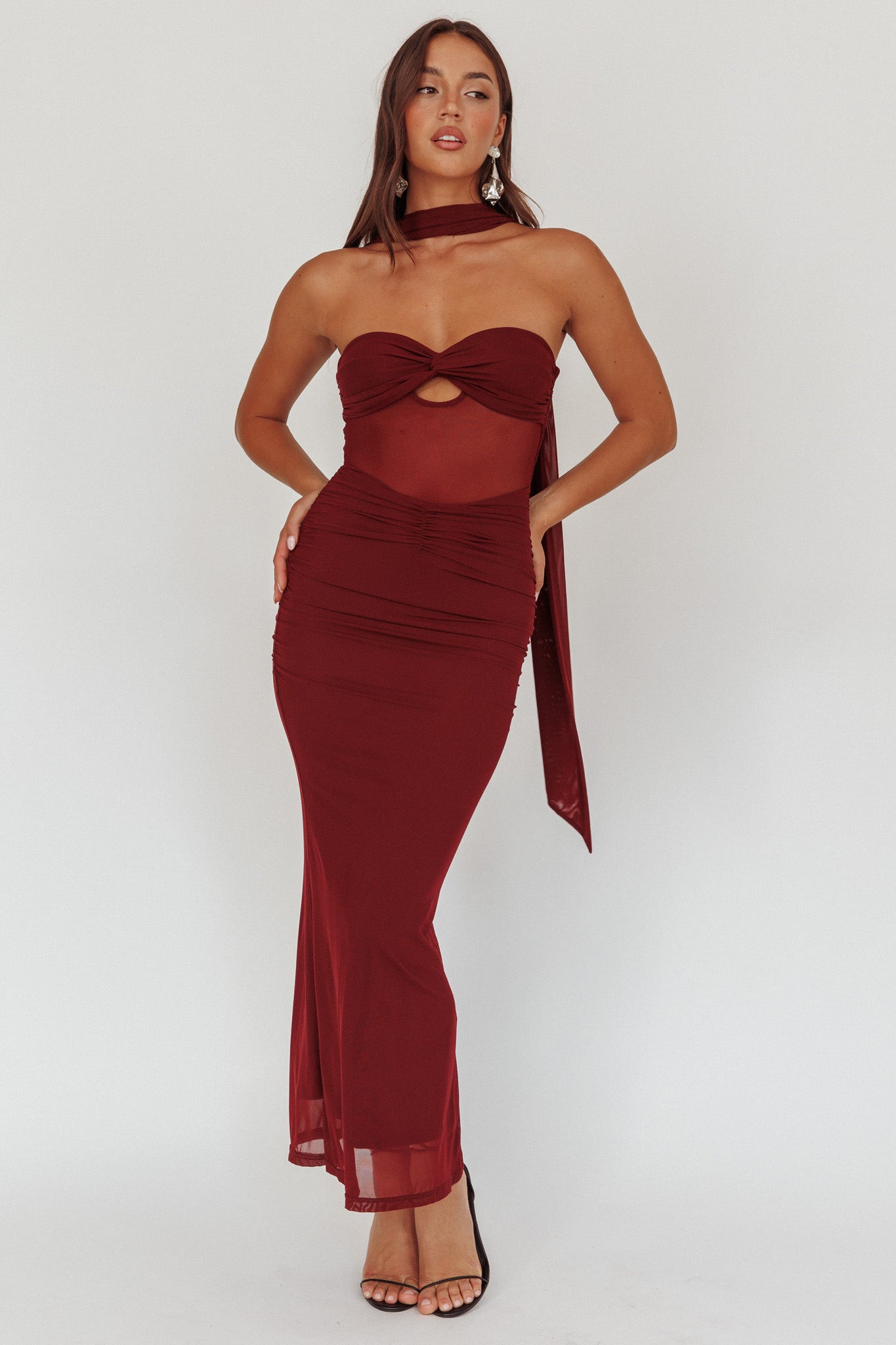 Oliana Strapless Mesh Maxi Dress Wine-Maymioy