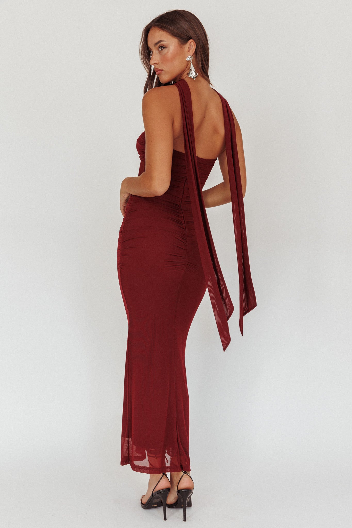 Oliana Strapless Mesh Maxi Dress Wine-Maymioy