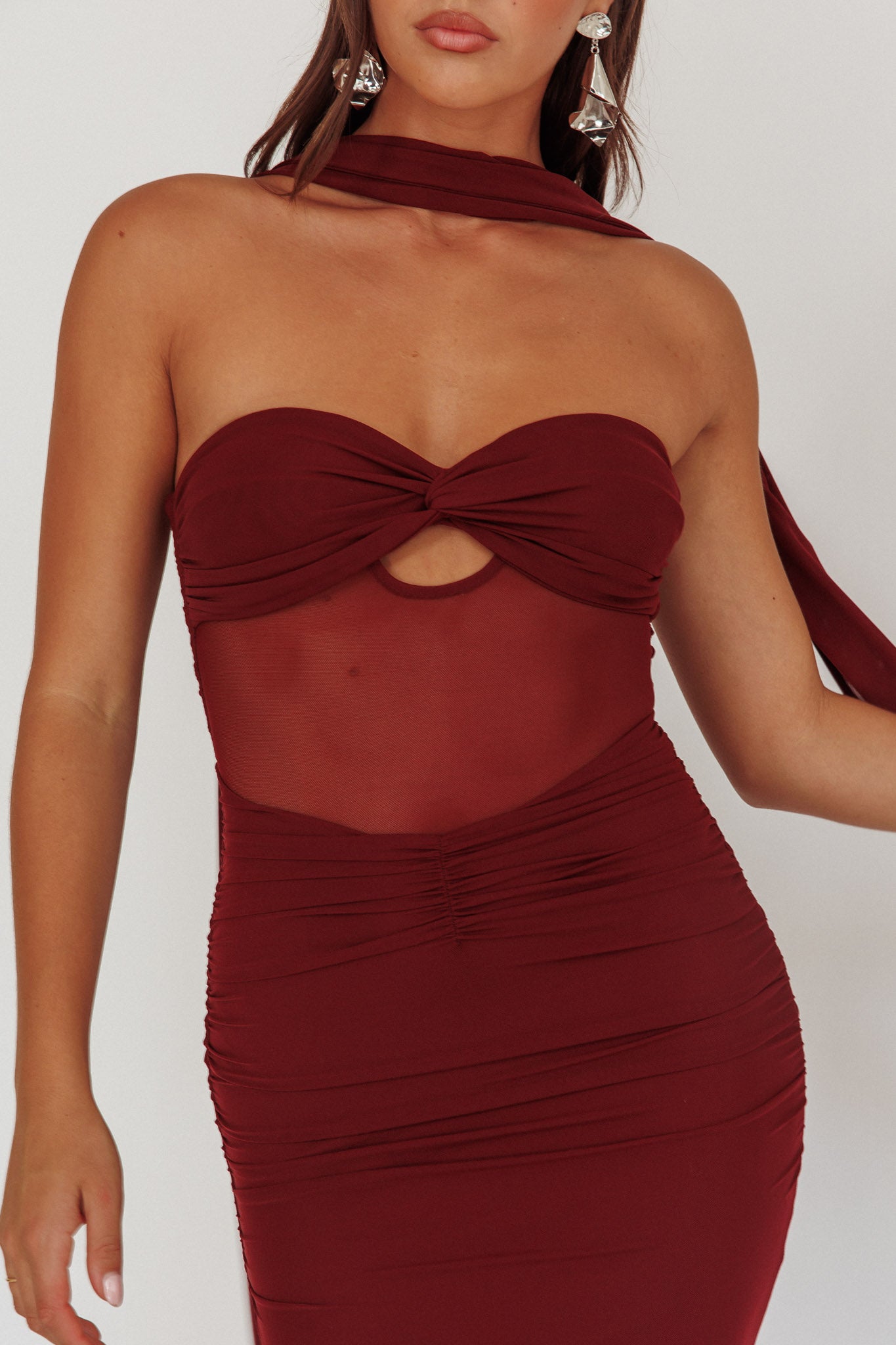 Oliana Strapless Mesh Maxi Dress Wine-Maymioy