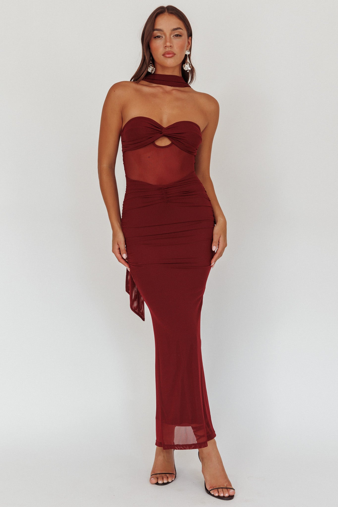 Oliana Strapless Mesh Maxi Dress Wine-Maymioy