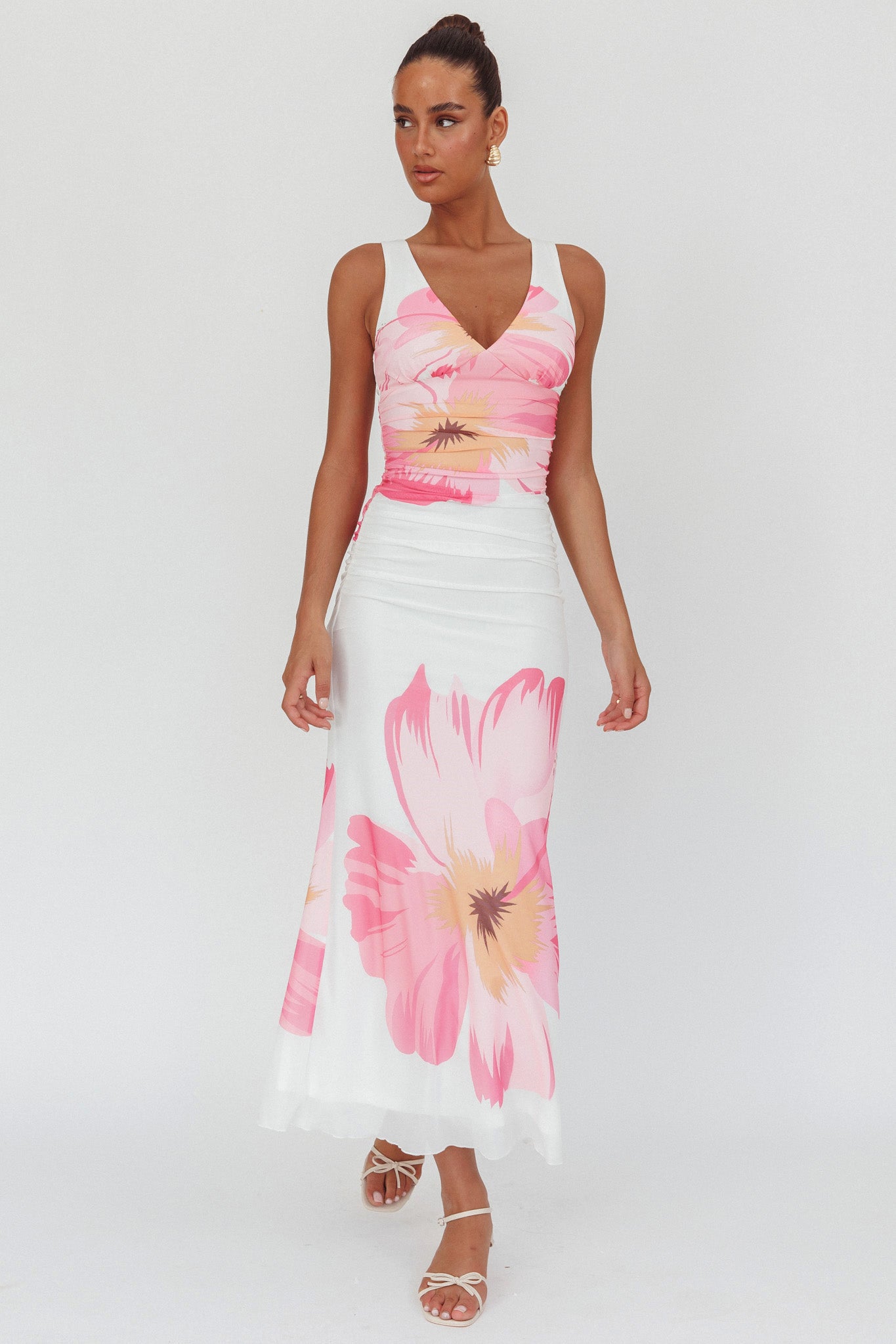Oliana V-Neck Mesh Maxi Dress Hibiscus White/Pink-Maymioy