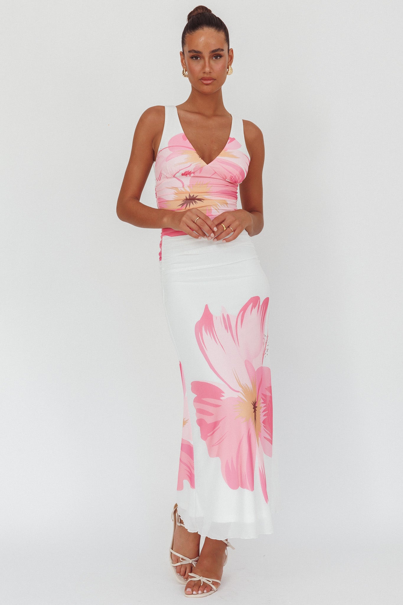 Oliana V-Neck Mesh Maxi Dress Hibiscus White/Pink-Maymioy