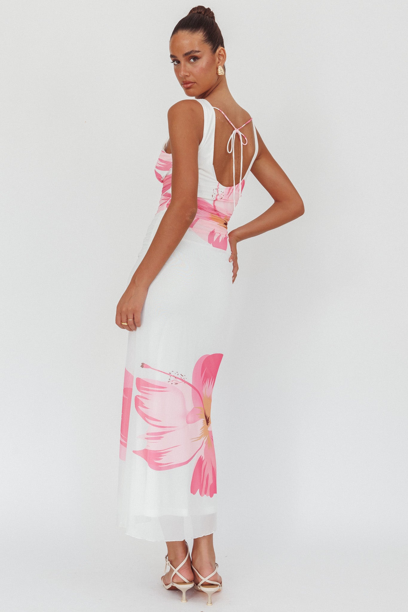 Oliana V-Neck Mesh Maxi Dress Hibiscus White/Pink-Maymioy