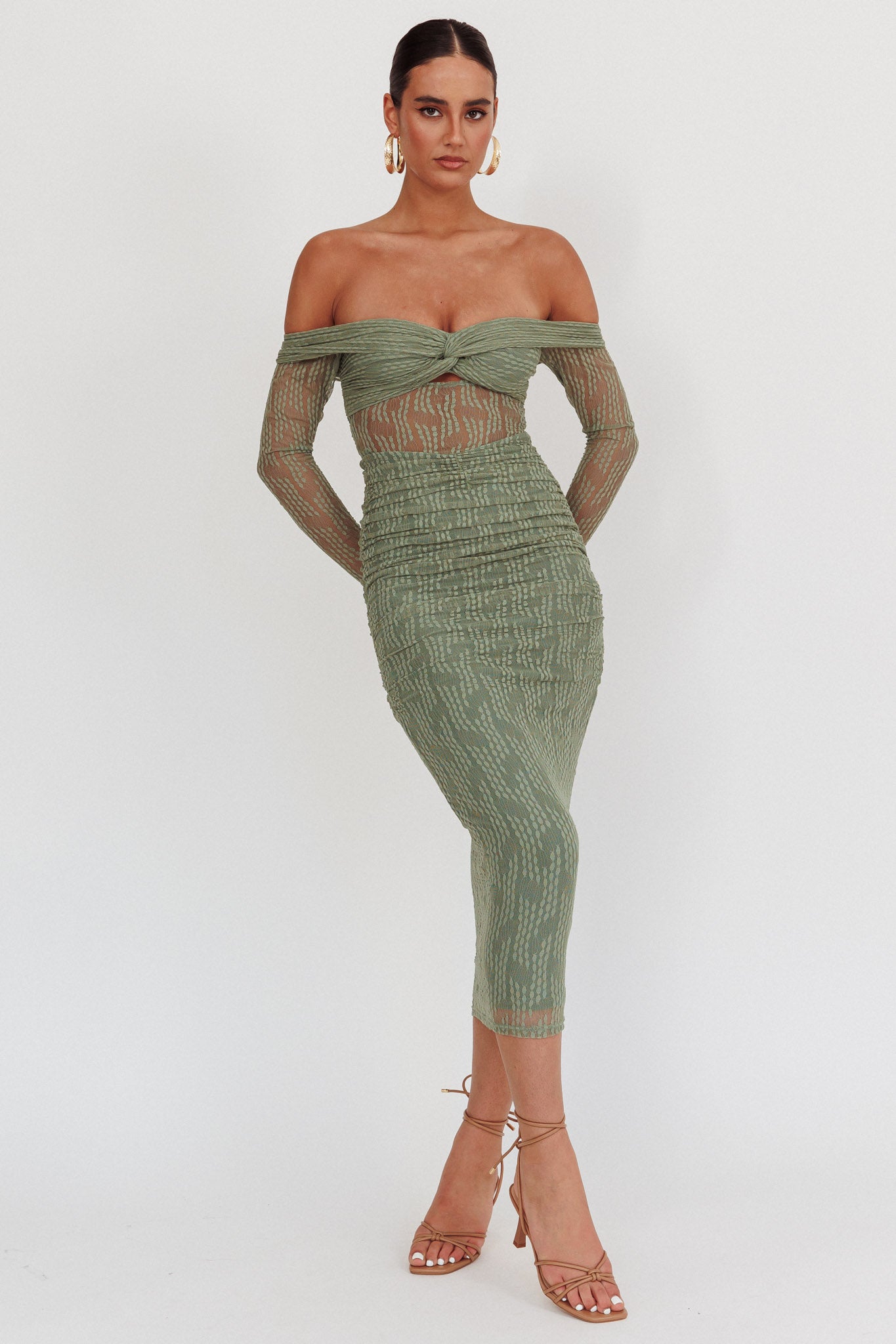 Oliana Off-Shoulder Mesh Maxi Dress Fern-Maymioy
