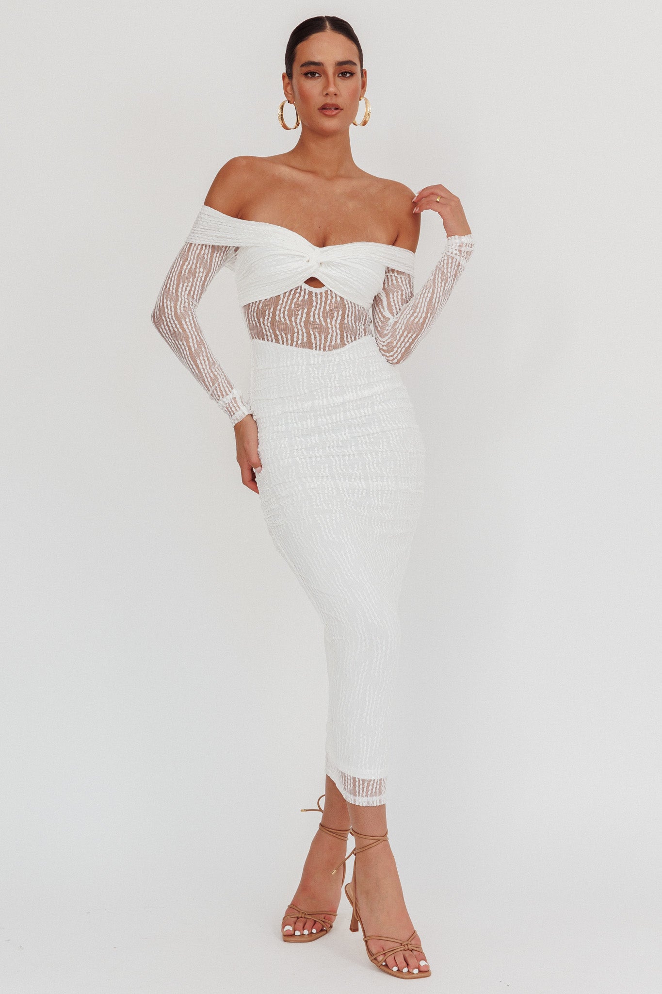 Oliana Off-Shoulder Mesh Maxi Dress White-Maymioy