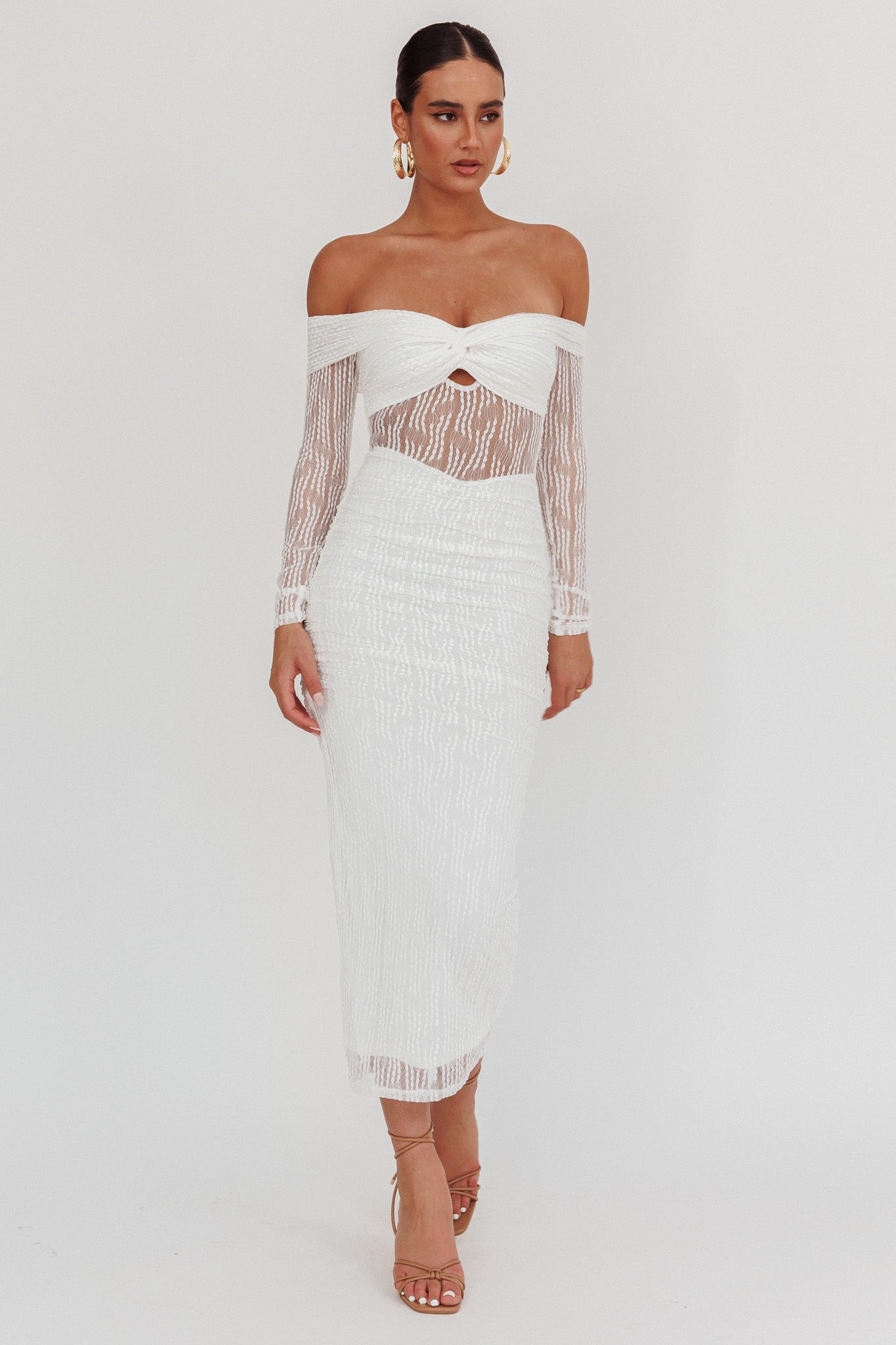 Oliana Off-Shoulder Mesh Maxi Dress White-Maymioy