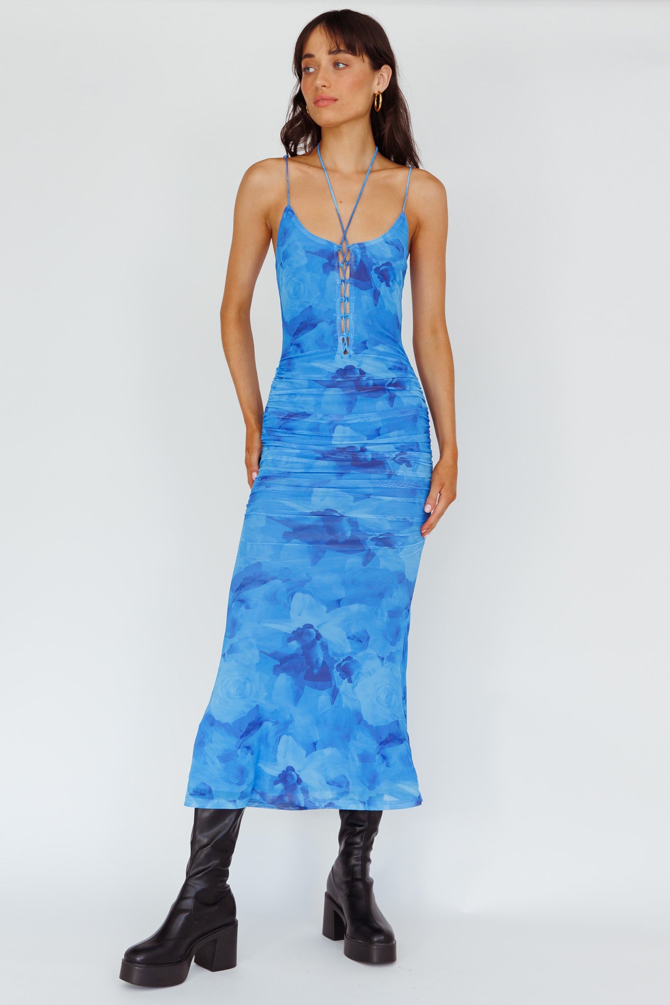 Gypsy Garden Laced Bodice Ruched Midi Dress Blue-Maymioy