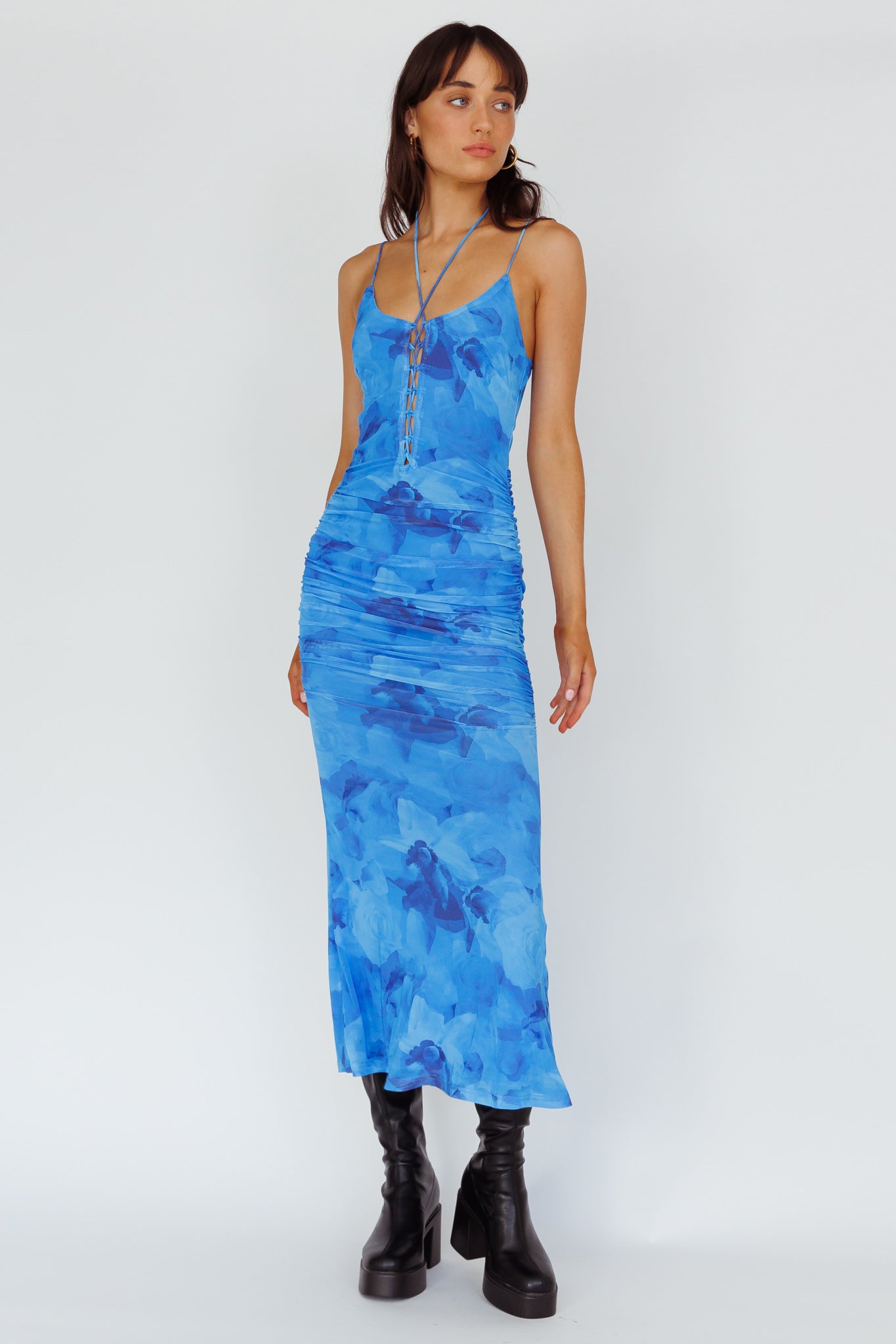 Gypsy Garden Laced Bodice Ruched Midi Dress Blue-Maymioy