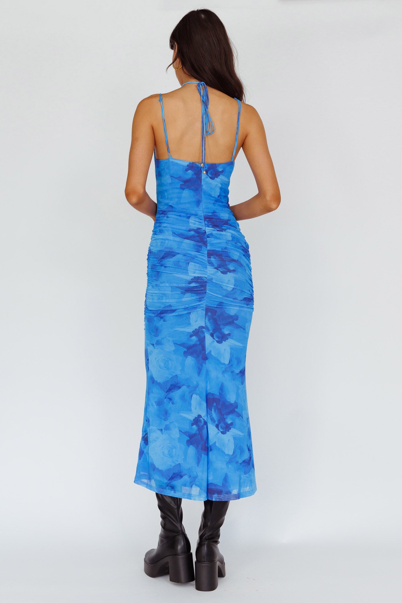 Gypsy Garden Laced Bodice Ruched Midi Dress Blue-Maymioy