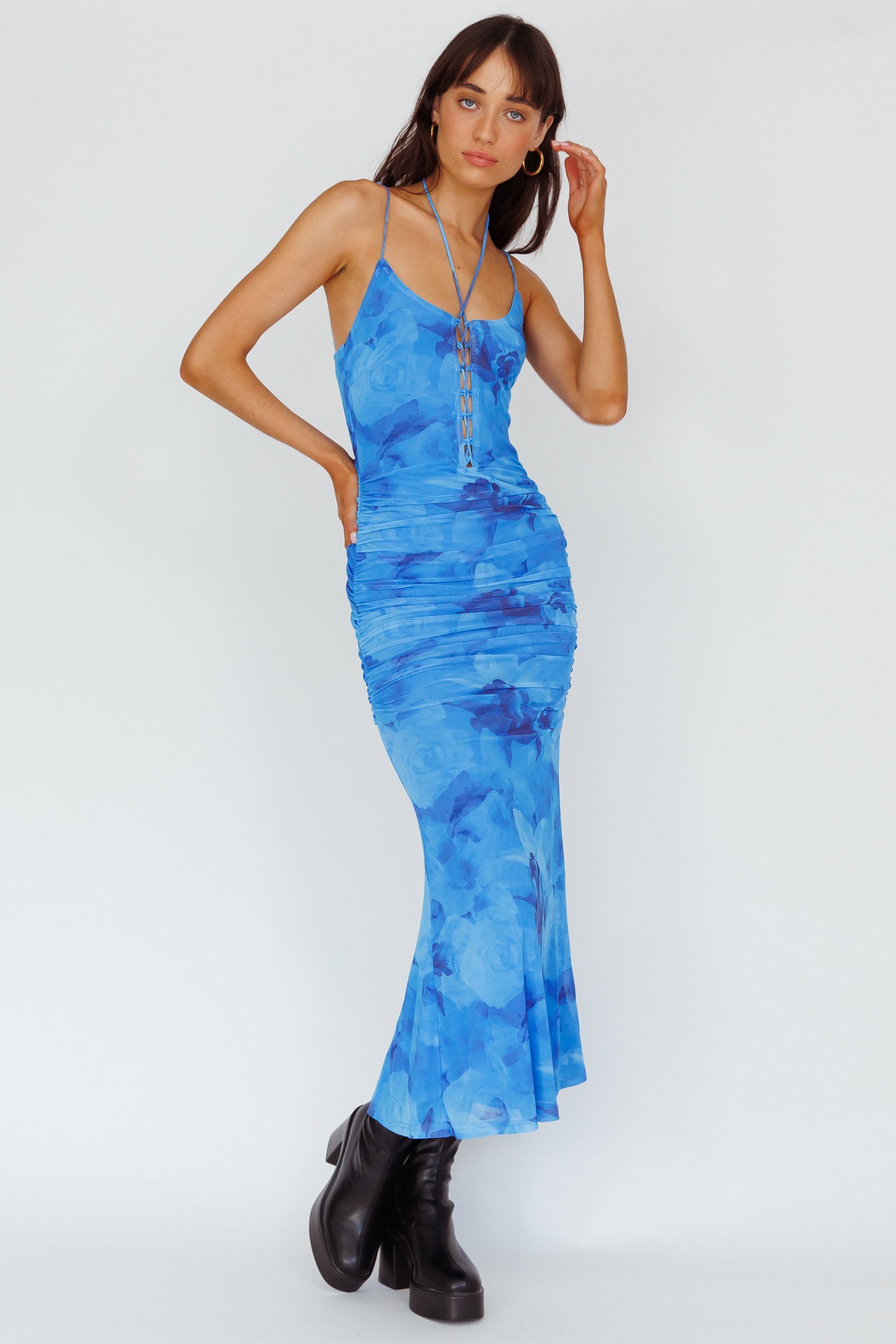 Gypsy Garden Laced Bodice Ruched Midi Dress Blue-Maymioy