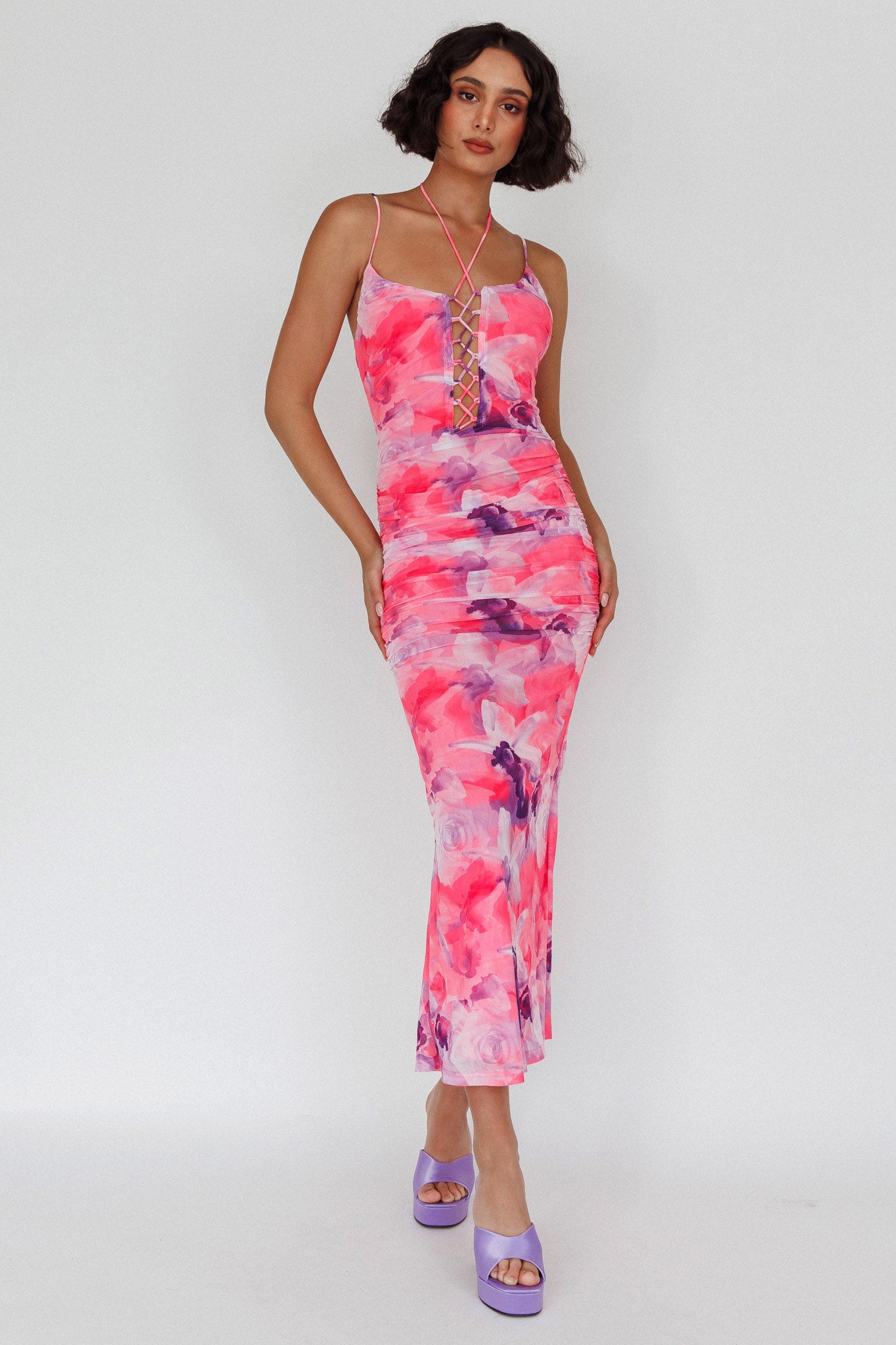 Gypsy Garden Laced Bodice Ruched Midi Dress Pink-Maymioy