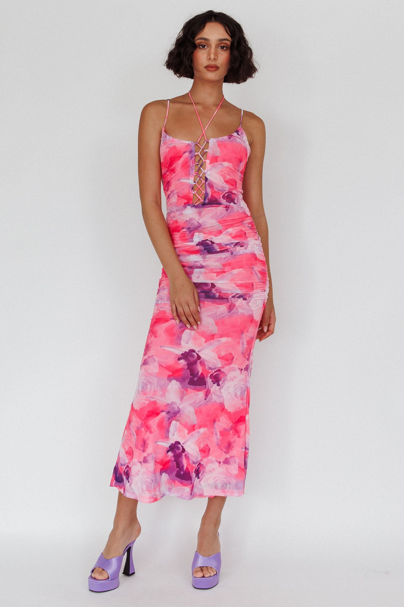 Gypsy Garden Laced Bodice Ruched Midi Dress Pink-Maymioy