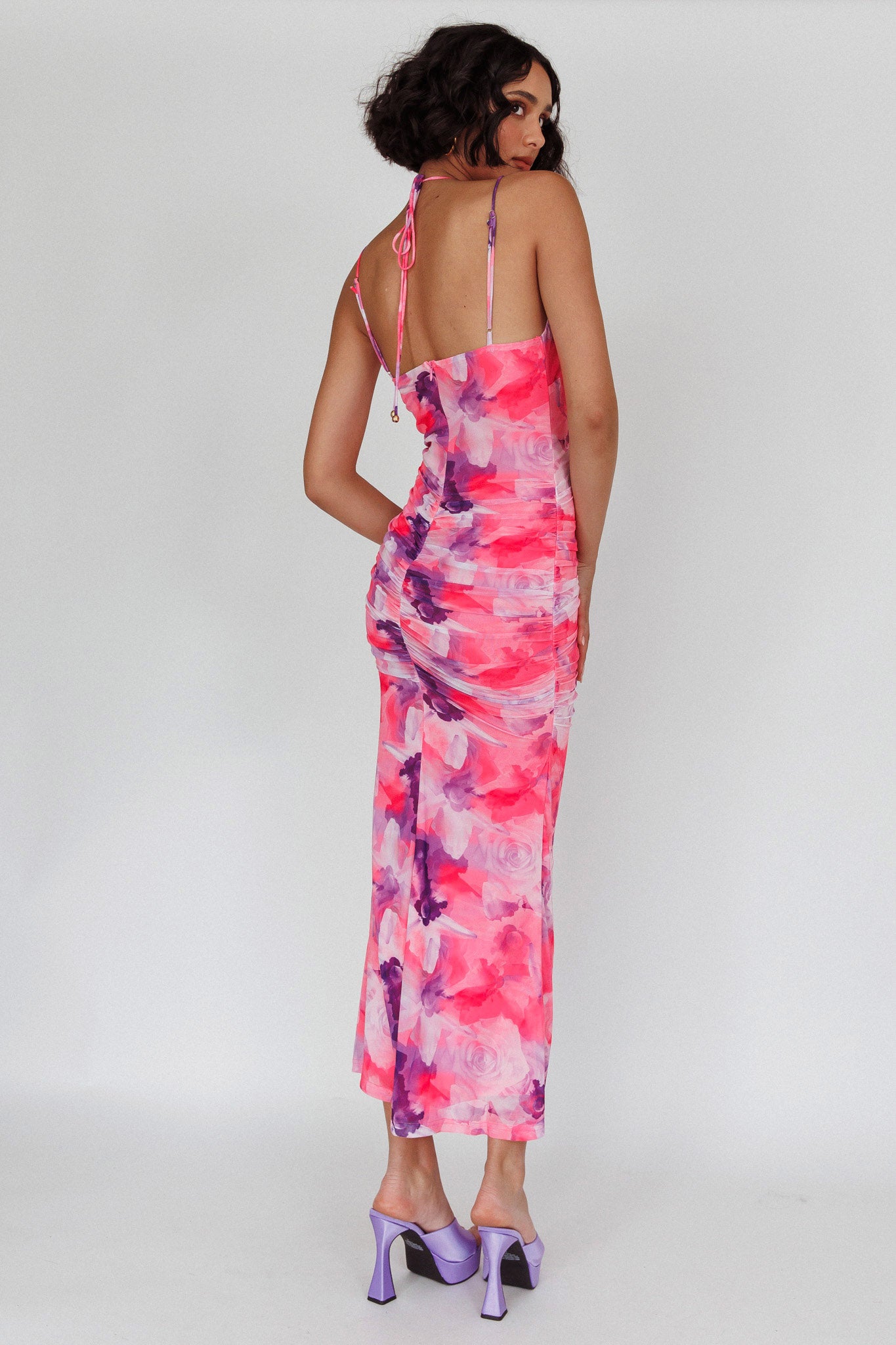 Gypsy Garden Laced Bodice Ruched Midi Dress Pink-Maymioy