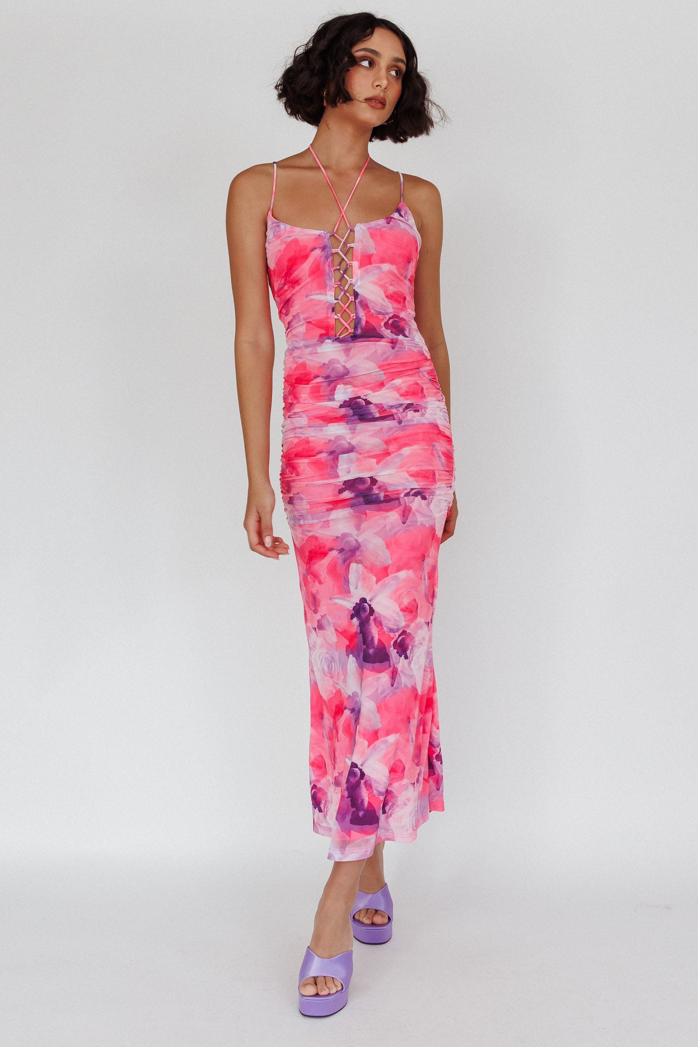Gypsy Garden Laced Bodice Ruched Midi Dress Pink-Maymioy