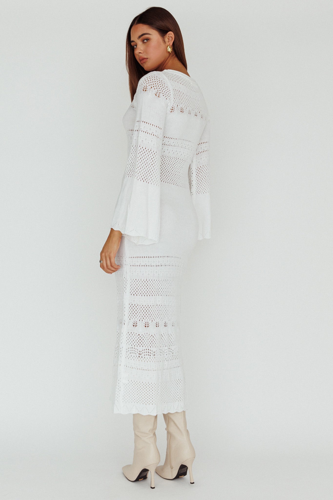 Gail Long Sleeve Crochet Maxi Dress White-Maymioy