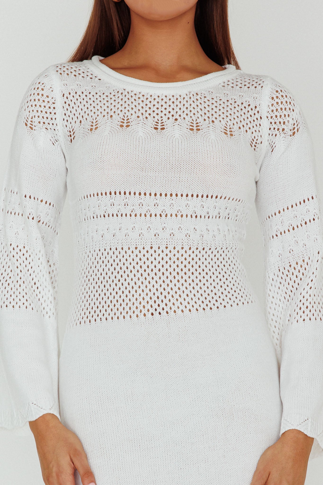 Gail Long Sleeve Crochet Maxi Dress White-Maymioy