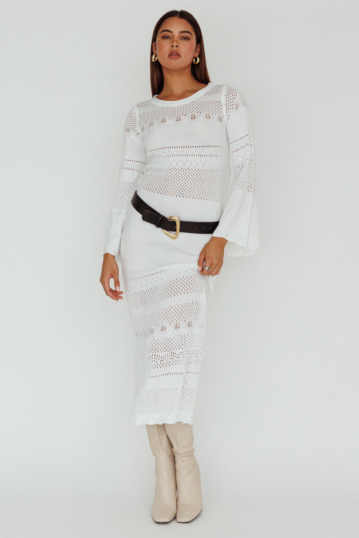 Gail Long Sleeve Crochet Maxi Dress White-Maymioy