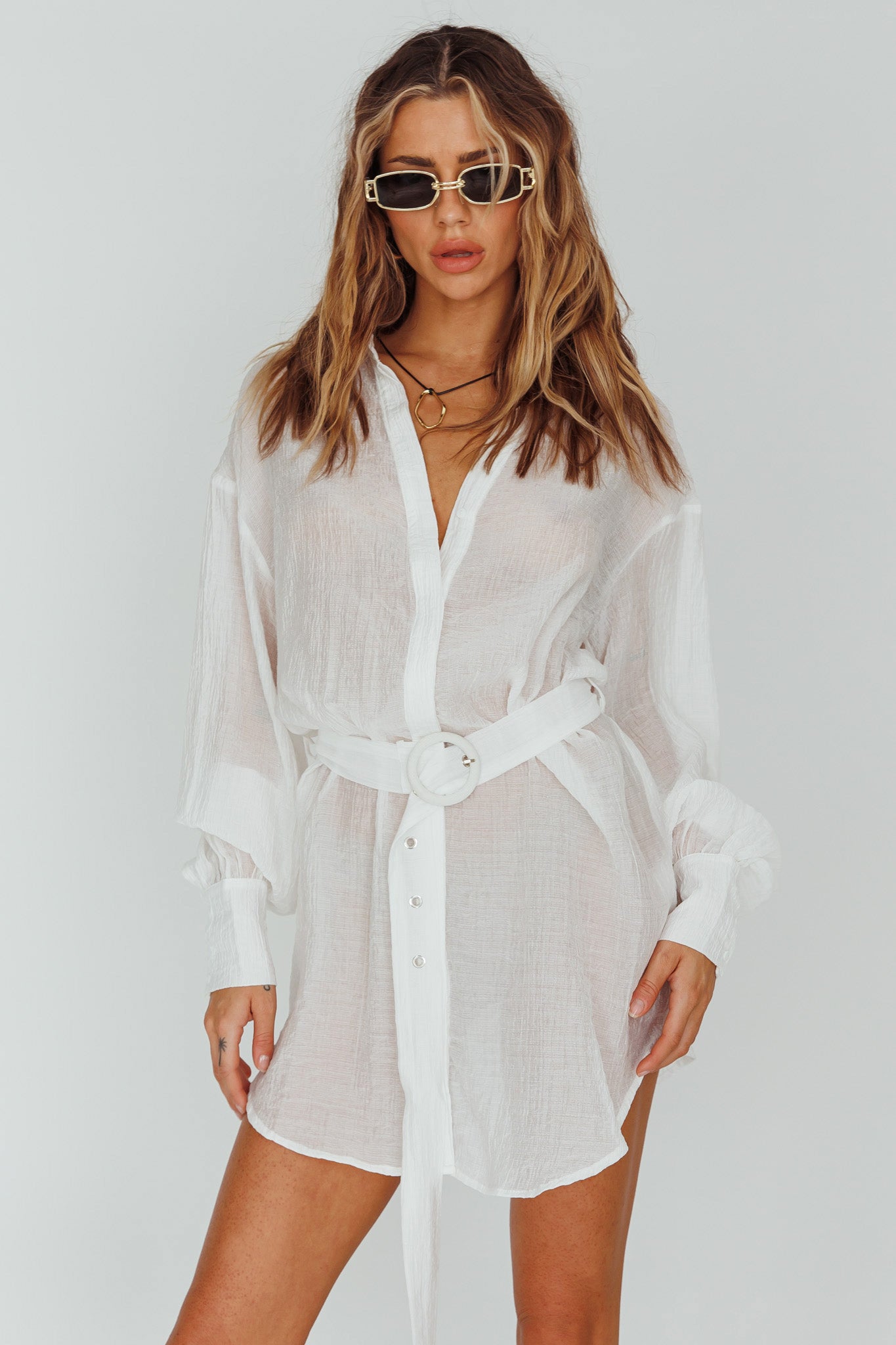 Sady Long Sleeve Shirt Mini Dress White-Maymioy