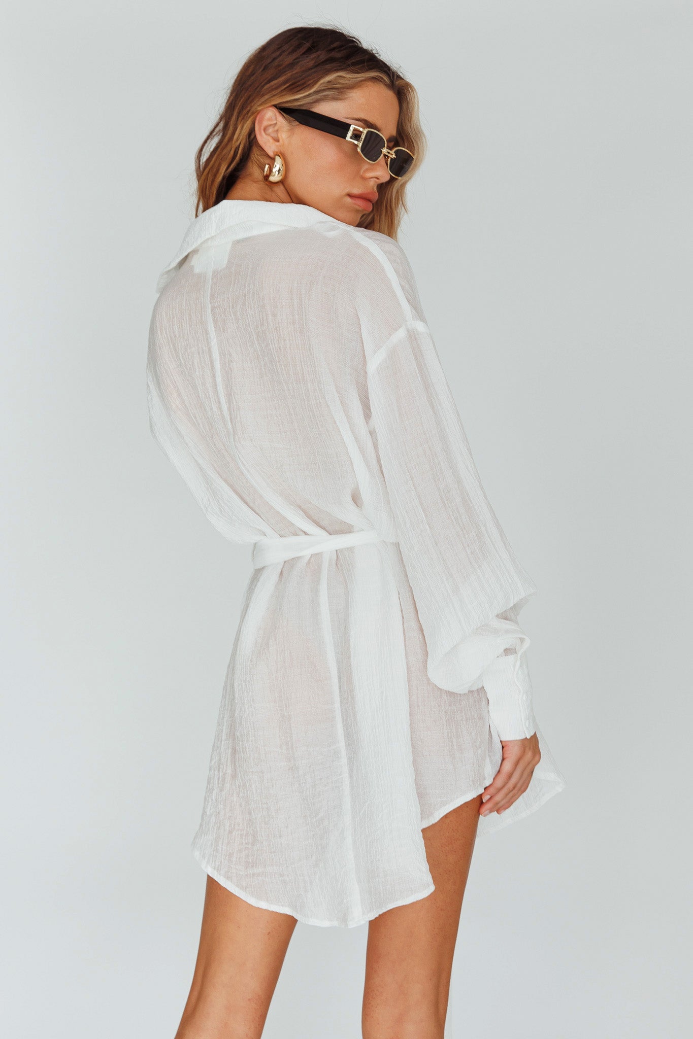Sady Long Sleeve Shirt Mini Dress White-Maymioy