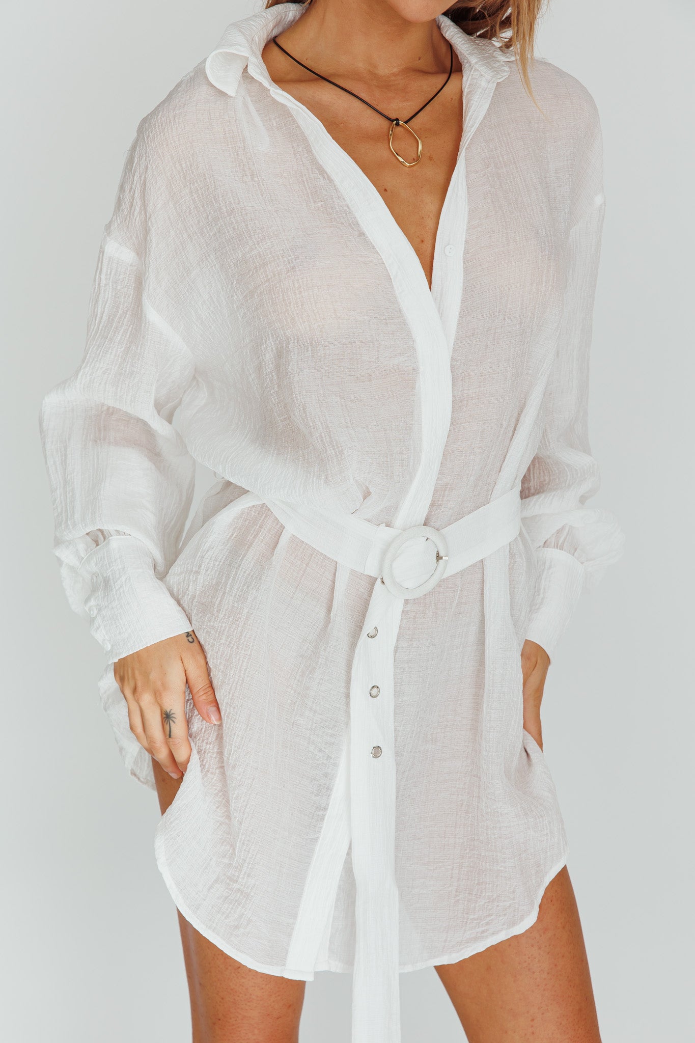 Sady Long Sleeve Shirt Mini Dress White-Maymioy