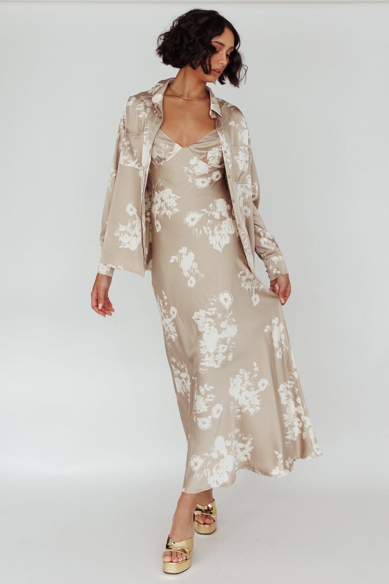 Dillon Long Sleeve Satin Shirt Floral Grey-Maymioy