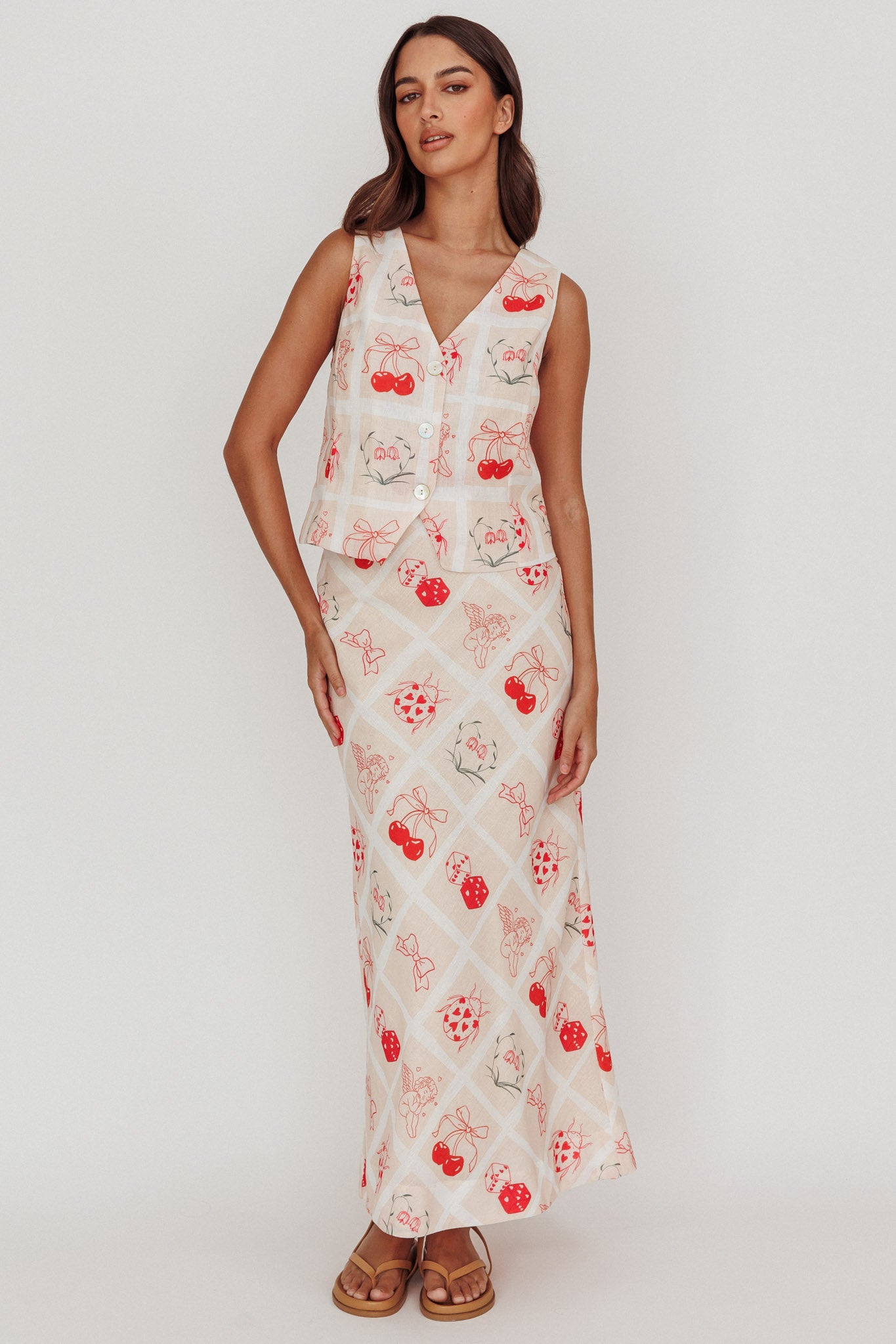 Flowering Romantic Print Sleeveless Vest Beige-Maymioy