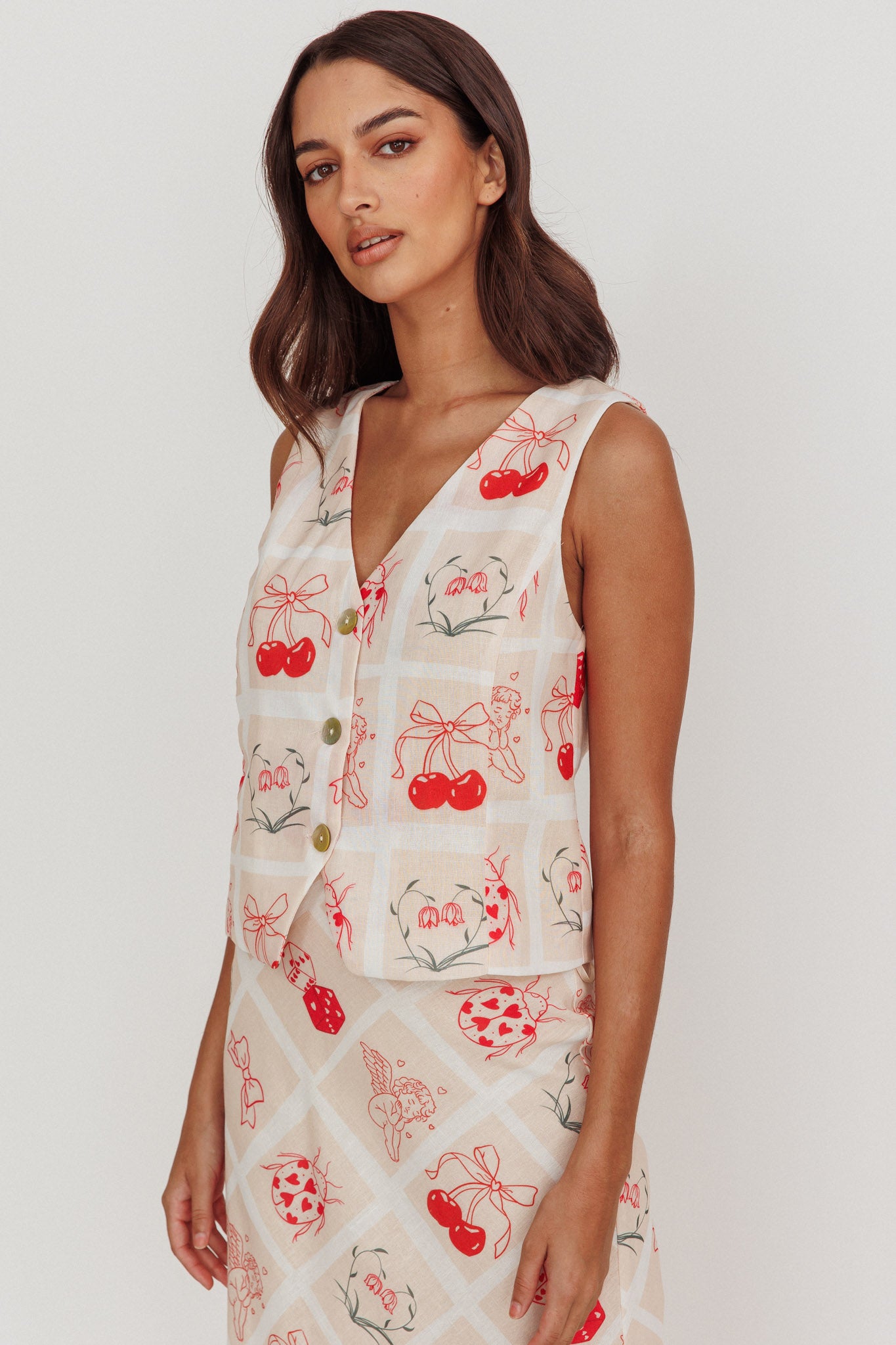 Flowering Romantic Print Sleeveless Vest Beige-Maymioy