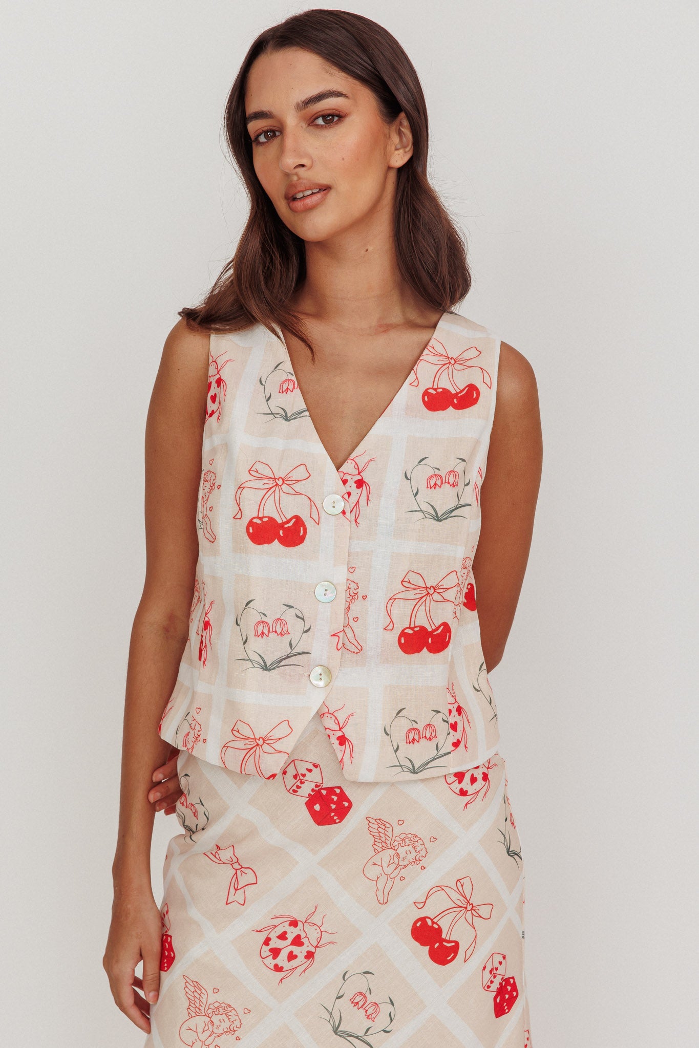 Flowering Romantic Print Sleeveless Vest Beige-Maymioy