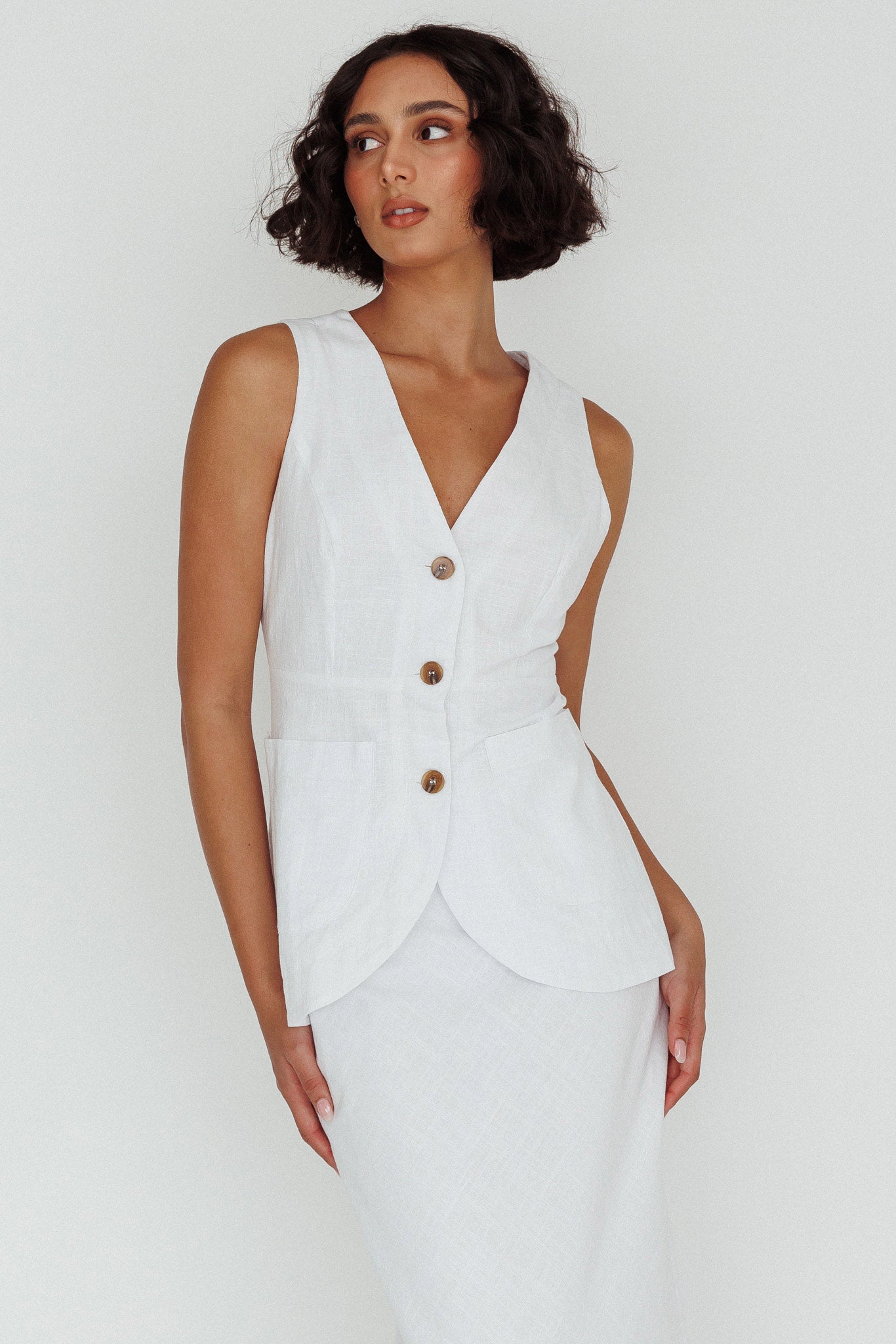 Philomena Button Vest Top White-Maymioy
