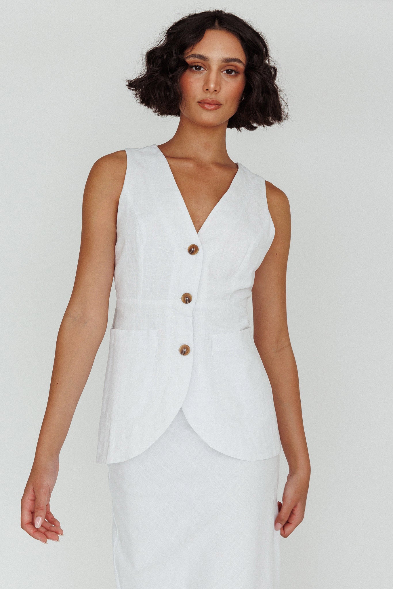 Philomena Button Vest Top White-Maymioy