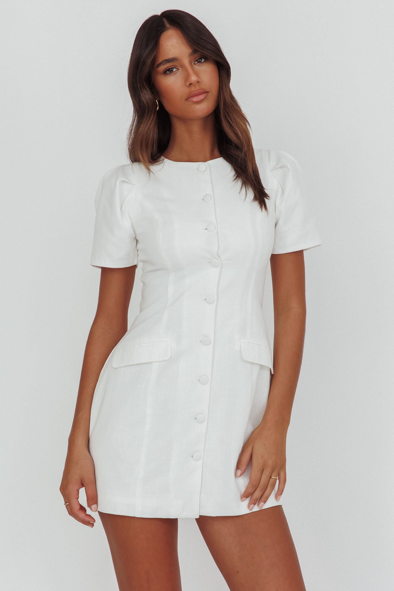 Philomena Button Front Mini Dress White-Maymioy