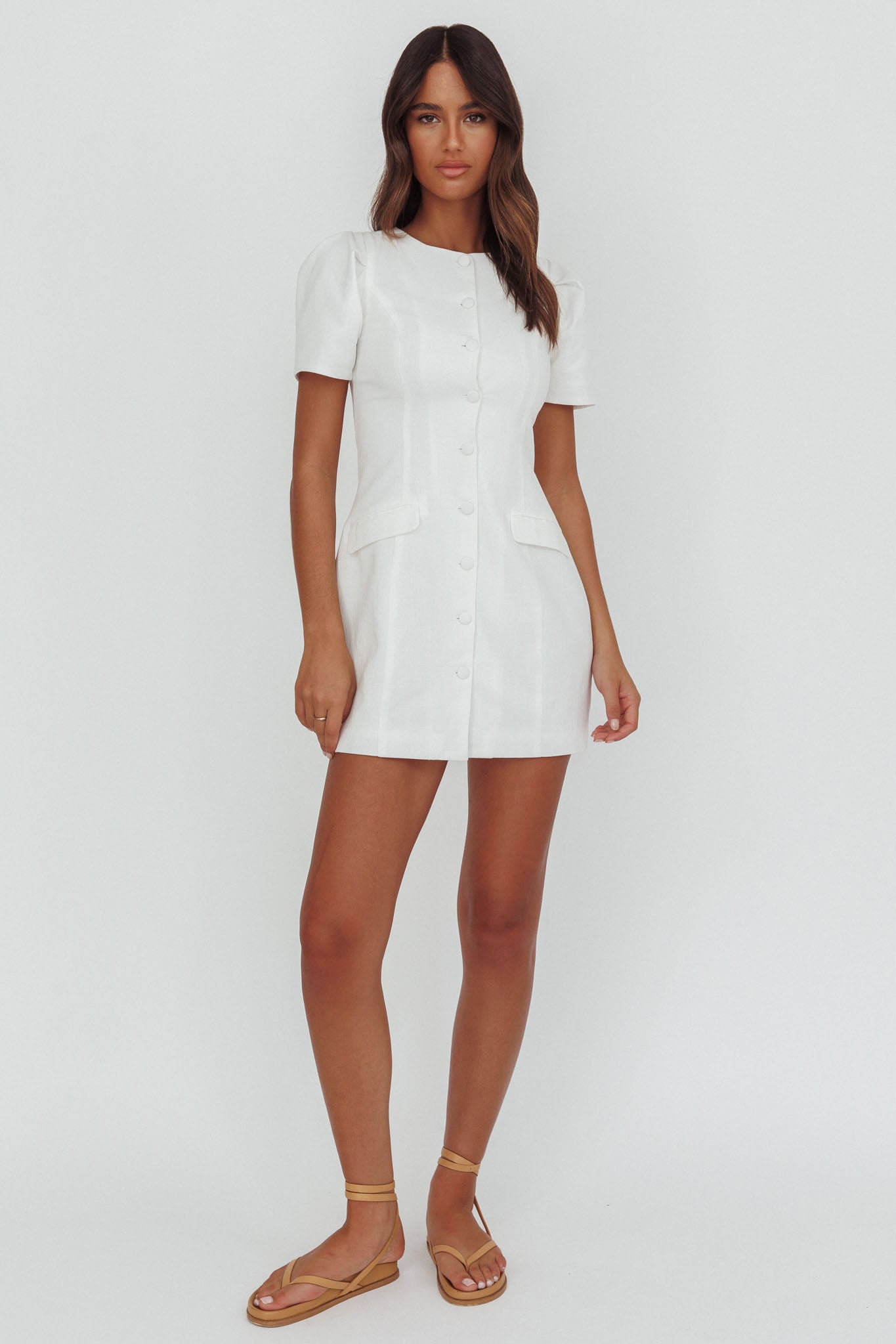Philomena Button Front Mini Dress White-Maymioy