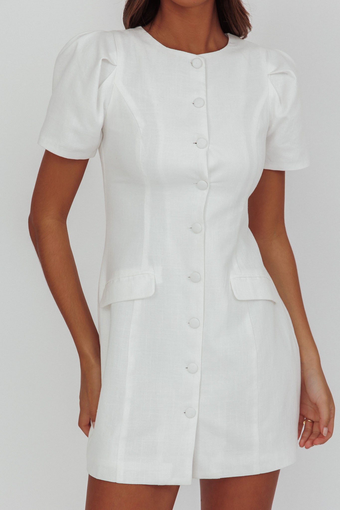 Philomena Button Front Mini Dress White-Maymioy