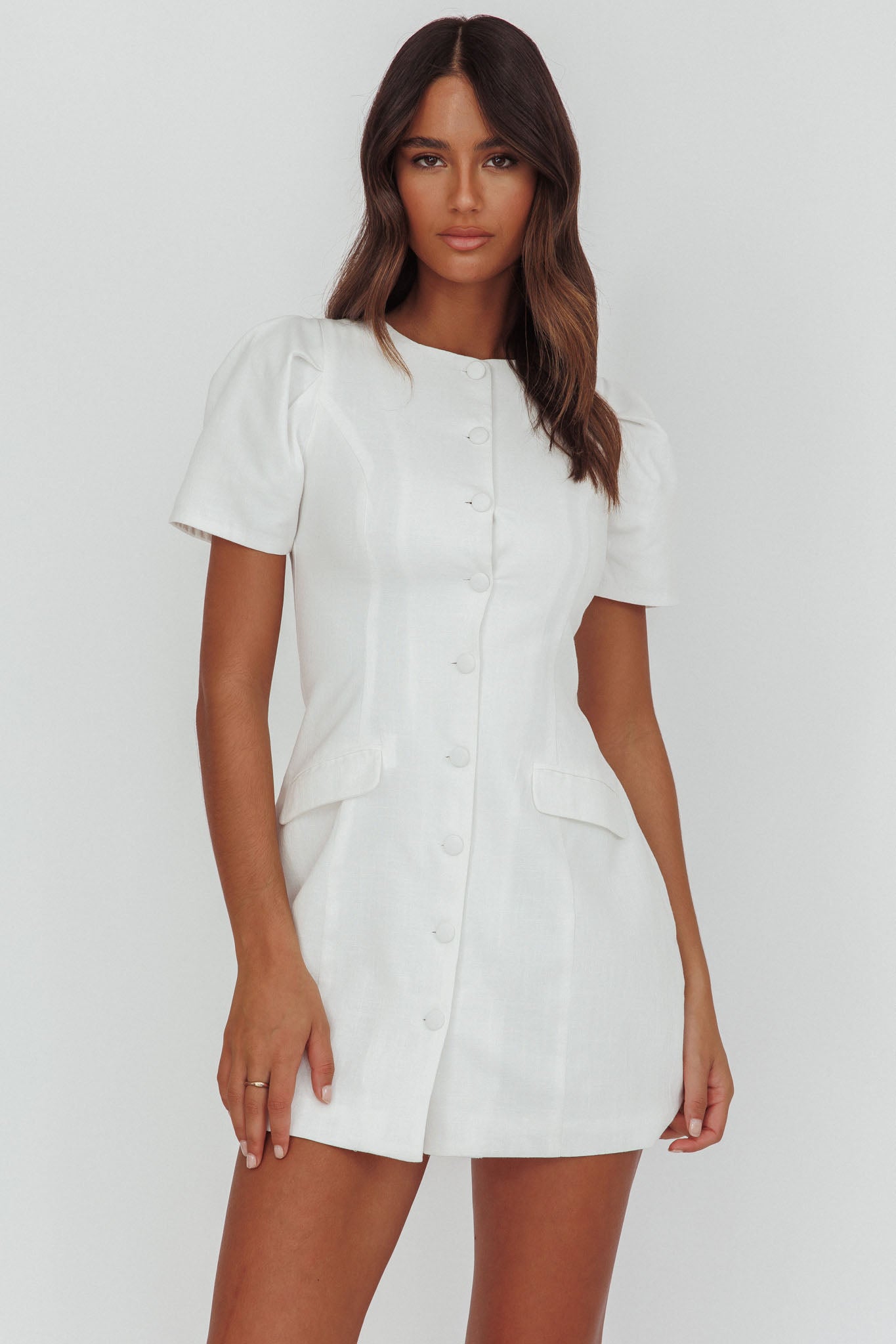 Philomena Button Front Mini Dress White-Maymioy