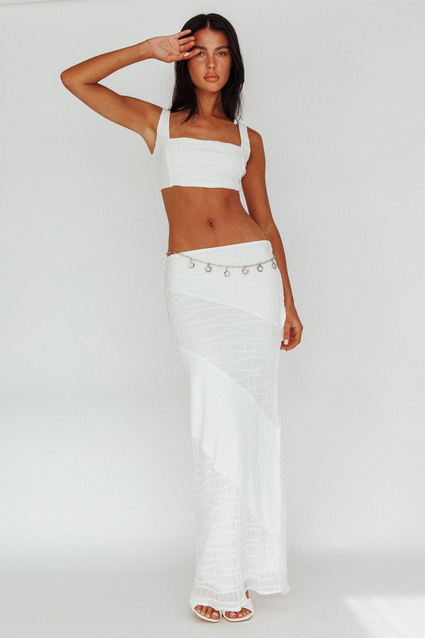 Bindi Puckered Midi Skirt White-Maymioy