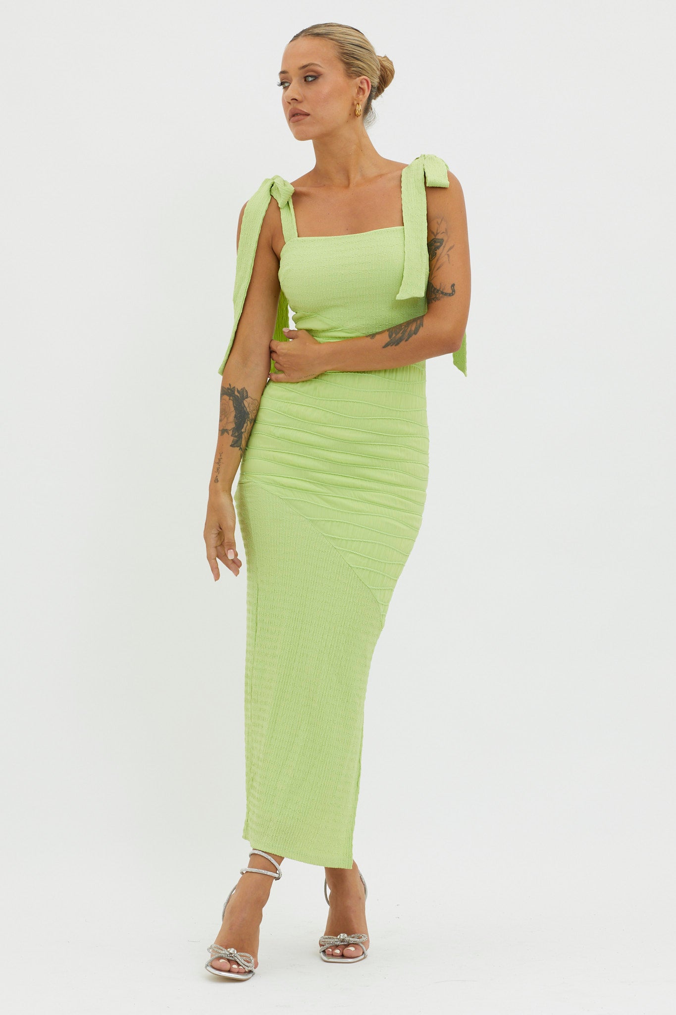 Bindi Puckered Tied Strap Dress Green-Maymioy