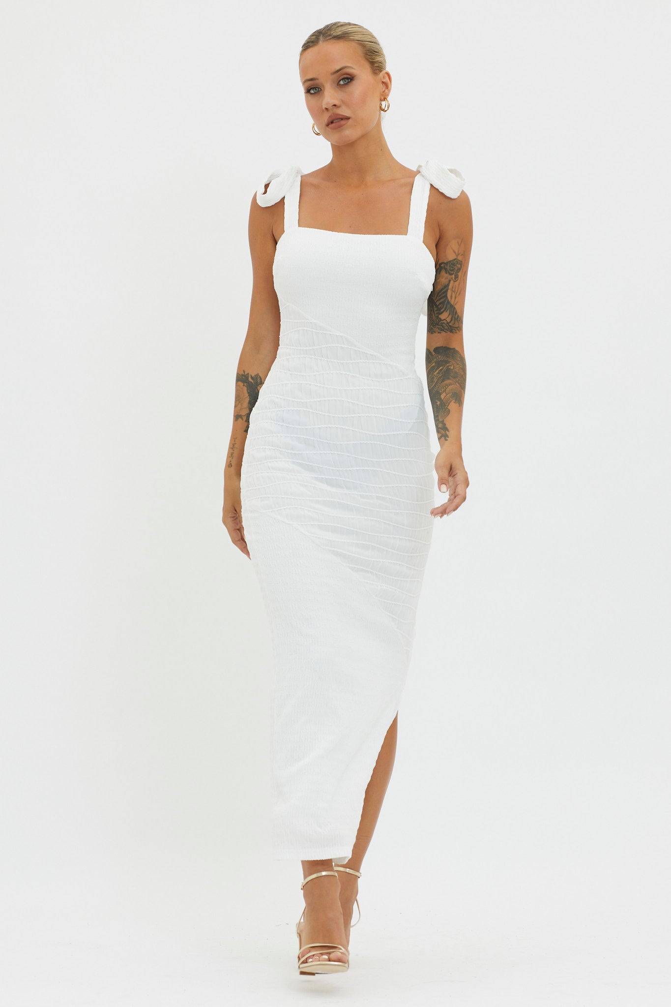 Bindi Puckered Tied Strap Dress White-Maymioy