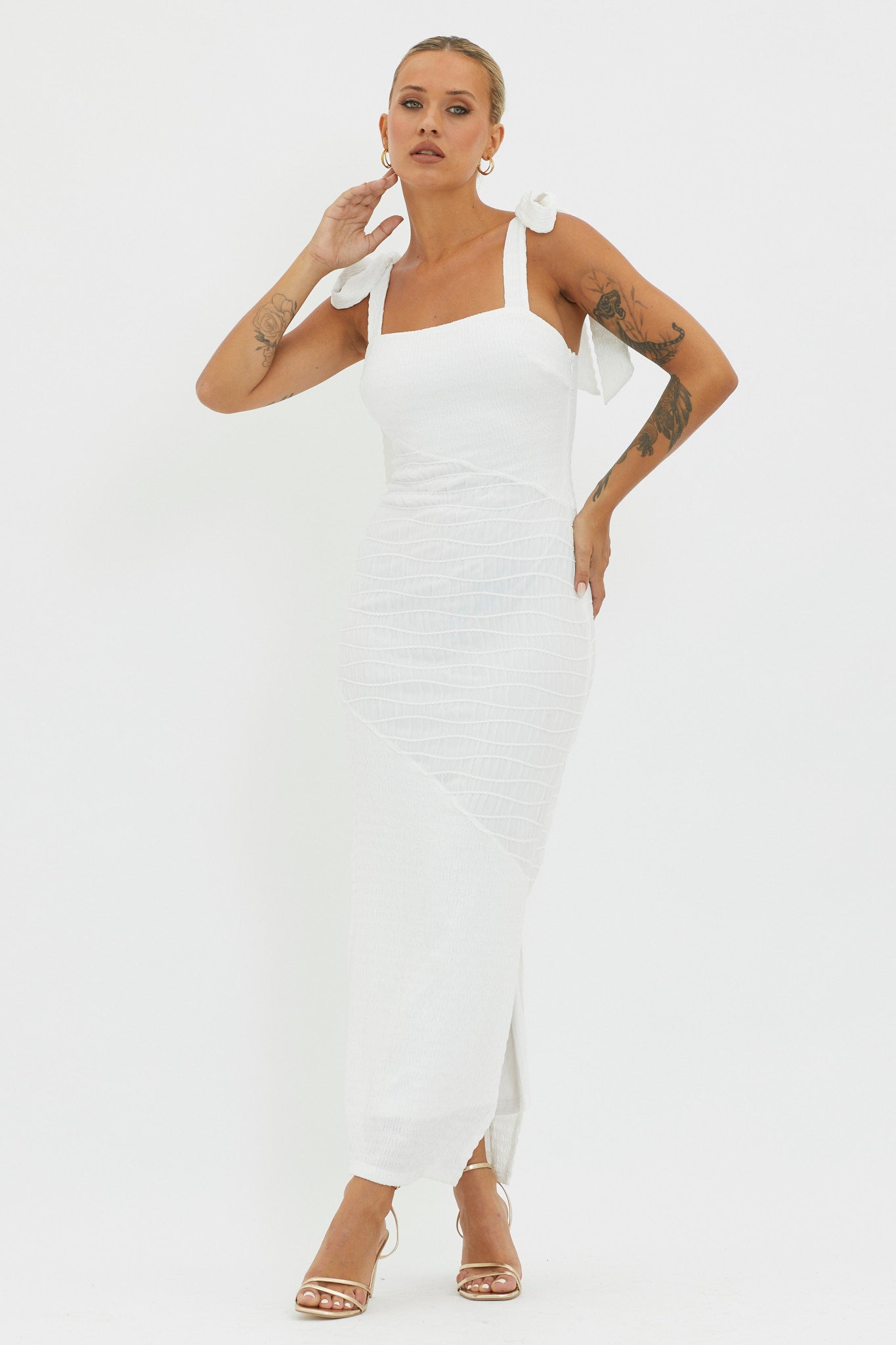 Bindi Puckered Tied Strap Dress White-Maymioy