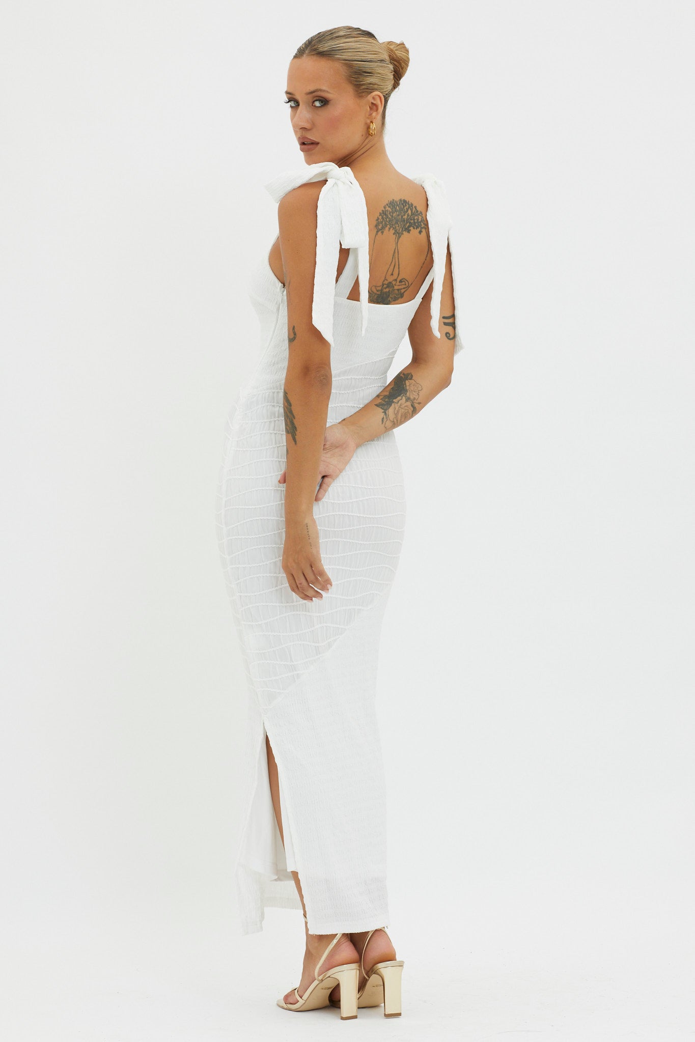 Bindi Puckered Tied Strap Dress White-Maymioy