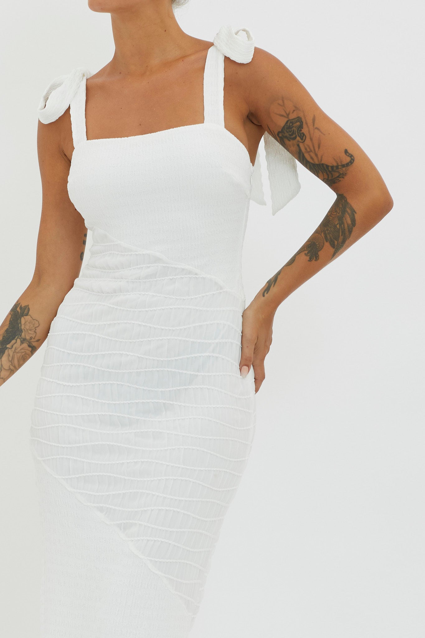 Bindi Puckered Tied Strap Dress White-Maymioy