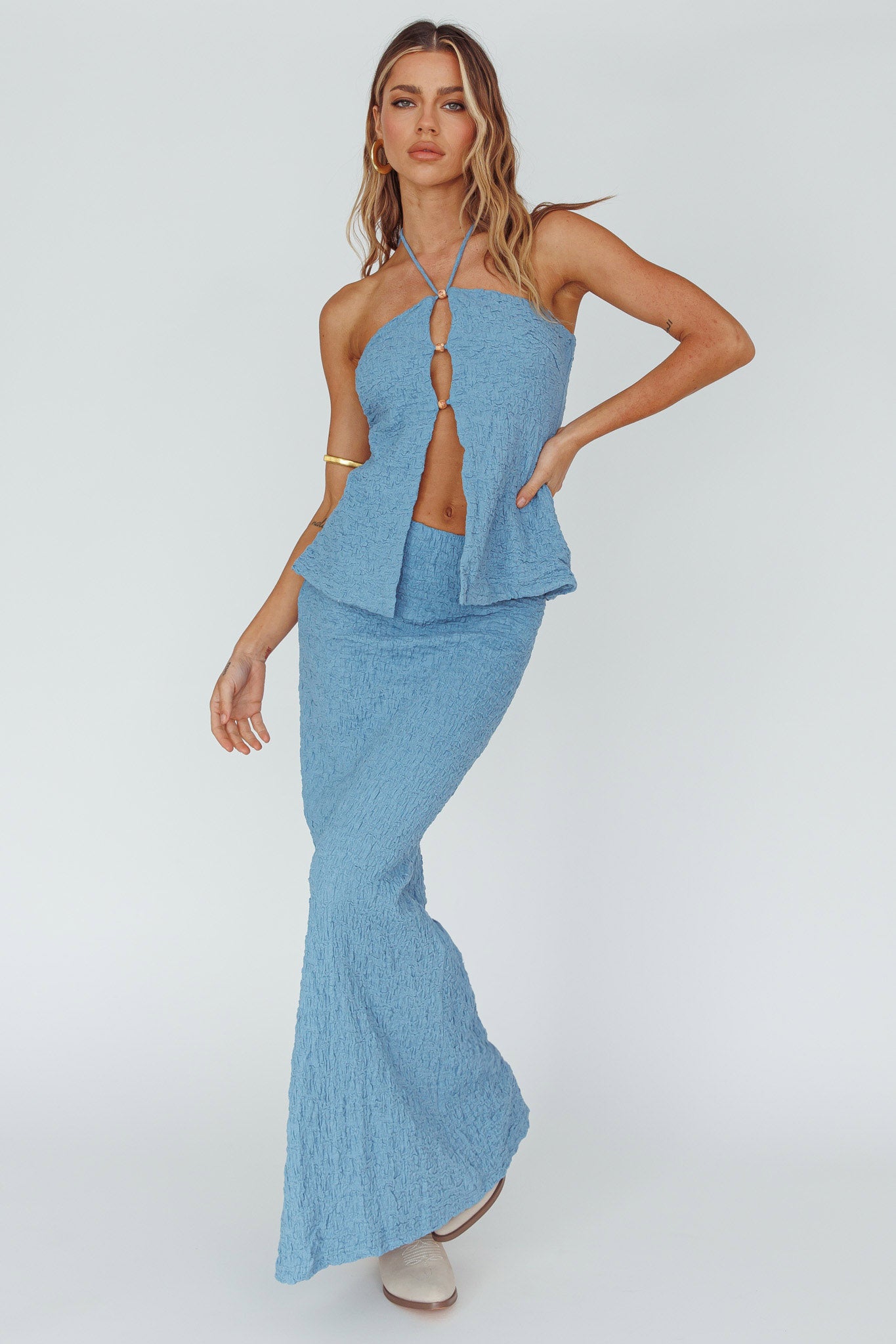 Kalei Textured Midi Skirt Blue-Maymioy