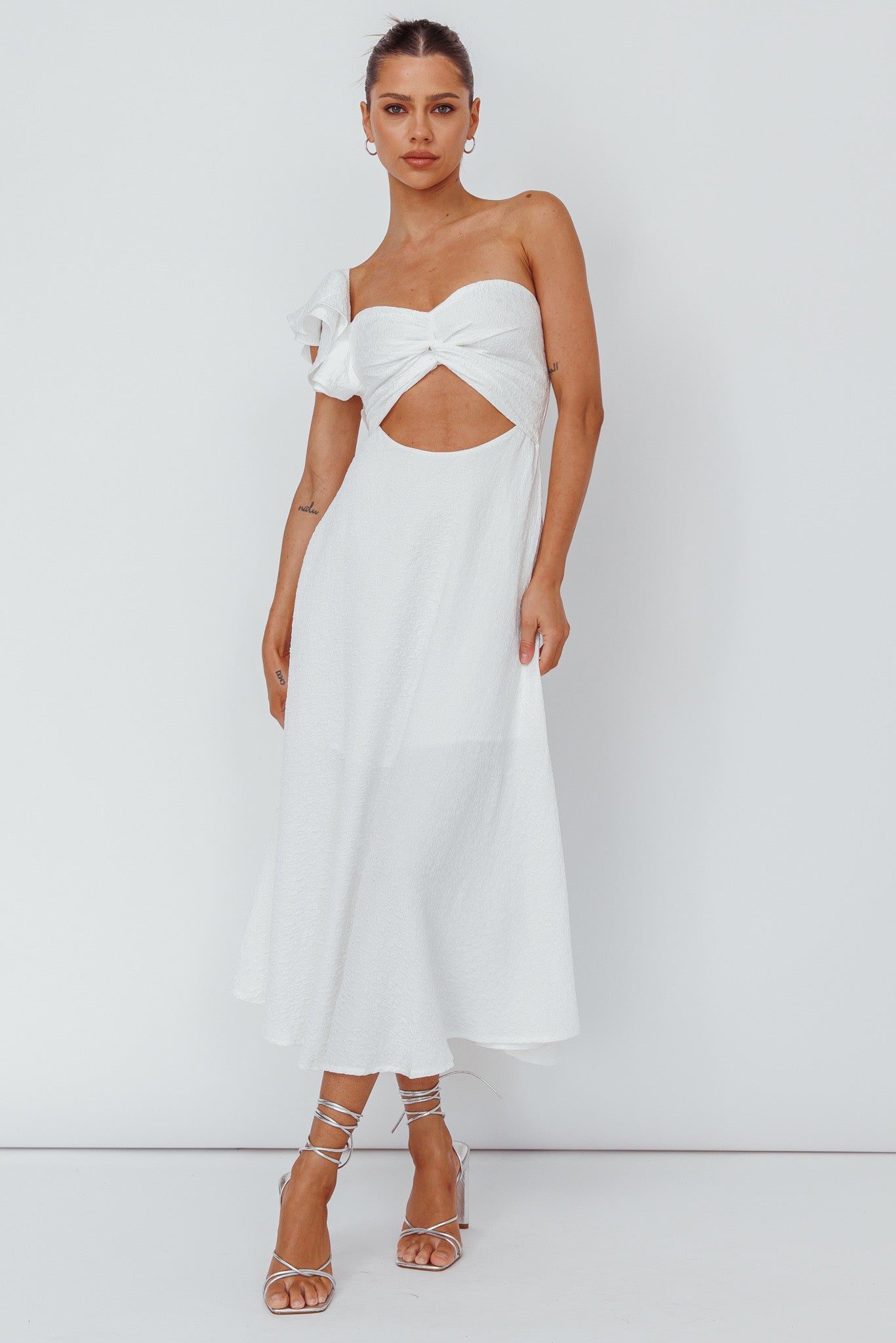 Jolina Ruffle Shoulder Midi Dress White-Maymioy